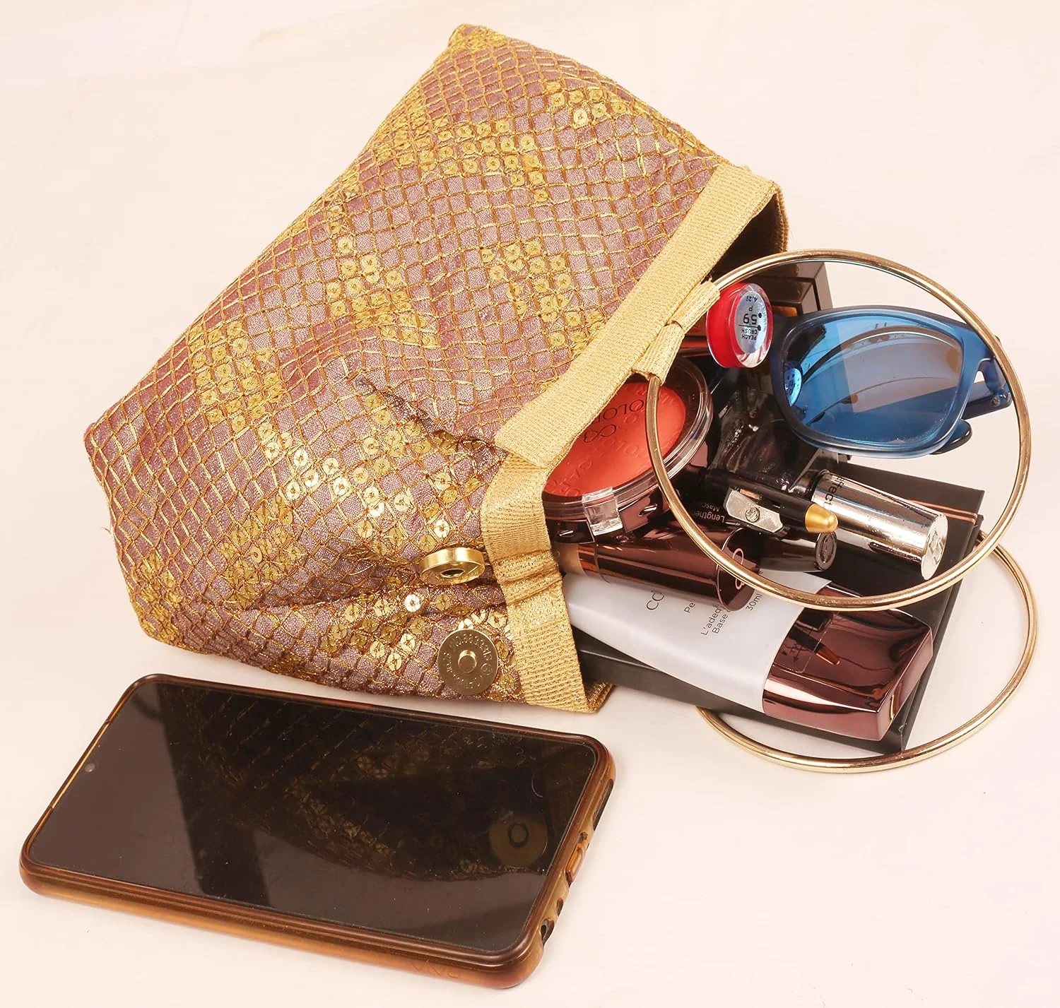 کیف دستی مجلسی زنانه دست‌ساز با گلدوزی، پولک‌دوزی و پارچه زربافت، مناسب مهمانی، عروسی و هدیه