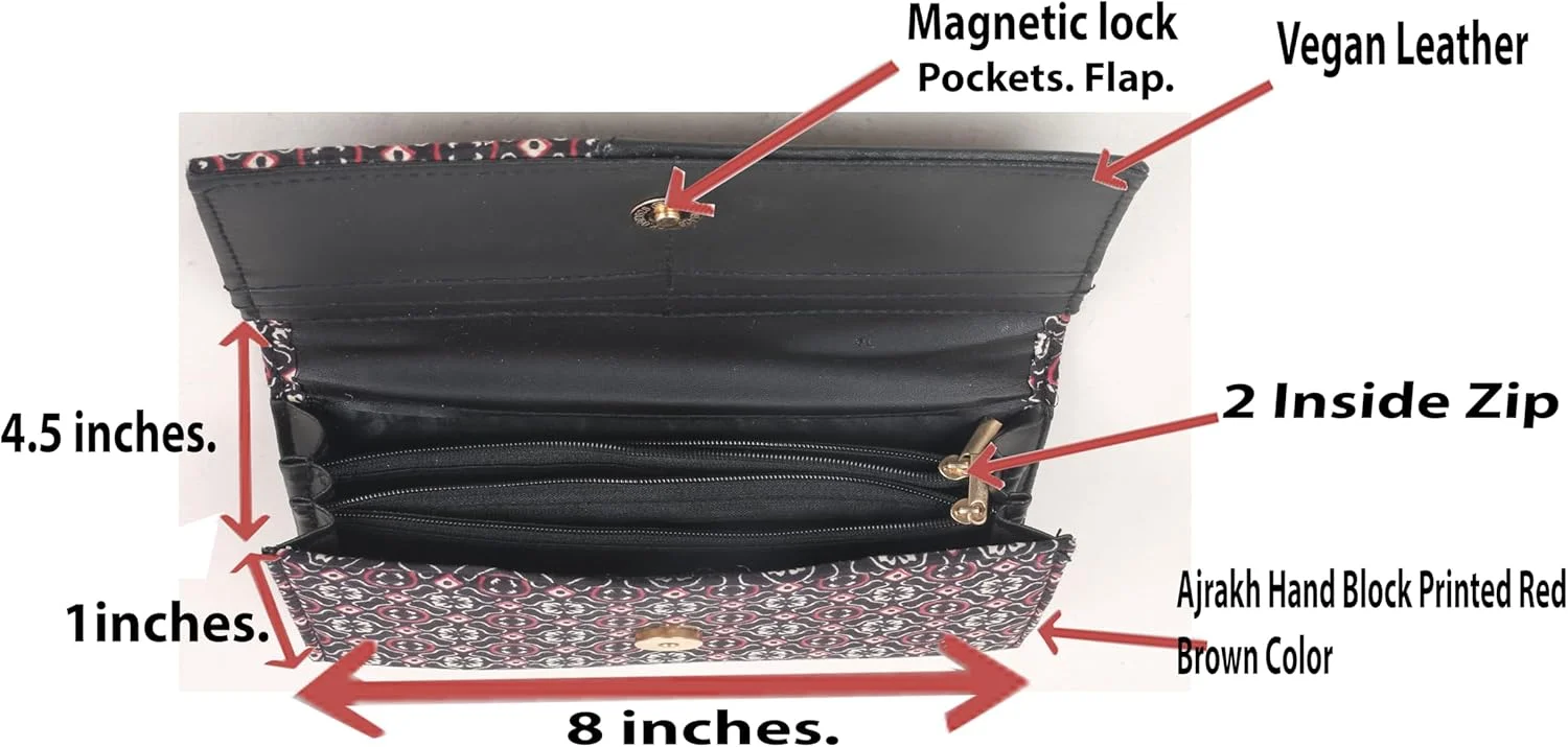 کیف دستی کلاچ چرم مصنوعی زنانه، کیف پول و ارگانایزر، دست ساز هندی، پارچه نخی آجراکی با چاپ دستی، رنگ قرمز قهوه ای