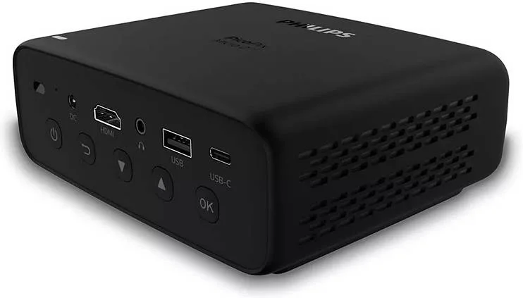 پروژکتور پیکو فیلیپس مدل PicoPix Micro 2TV WVGA هوشمند قابل حمل DLP، عمر LED تا 20000 ساعت، بلندگوهای استریو و باتری 4 ساعته، نمایشگر تا 80 اینچ، سیستم عامل Android TV، ویدئو USB-C و HDMI، مشکی | PPX360/INT
