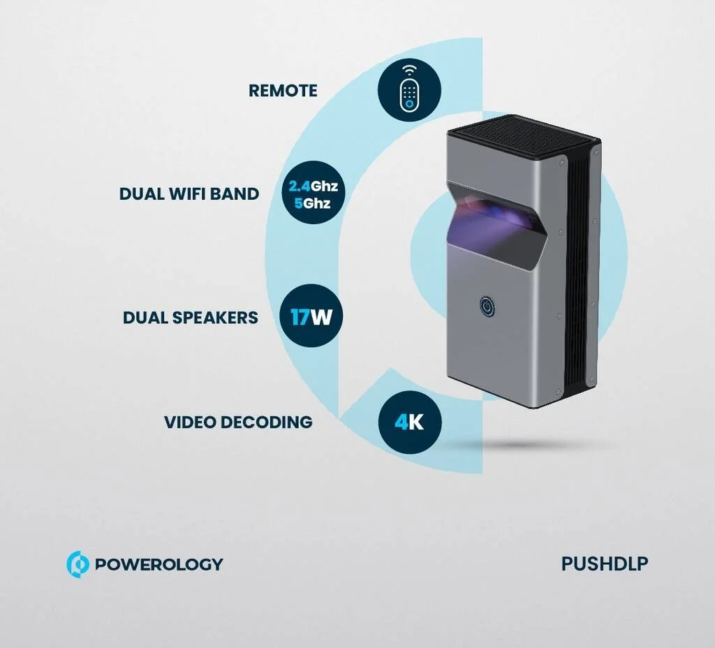 پروژکتور DLP فوق العاده کوتاه برد 4K پاورولوجی PUSHDLP، روشنایی 350 انسی لومن، 2 گیگابایت رم، 16 گیگابایت حافظه، بلوتوث V5.0، ناحیه نمایش 30-200 اینچ، کنتراست 500:1، مشکی | PUSHDLP