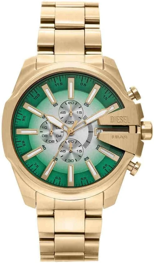ساعت مچی مردانه دیزل مدل Mega Chief Slim Chronograph با بند استیل ضد زنگ یا چرمی، رنگ طلایی و سبز، 48 میلی متر، دستبندی