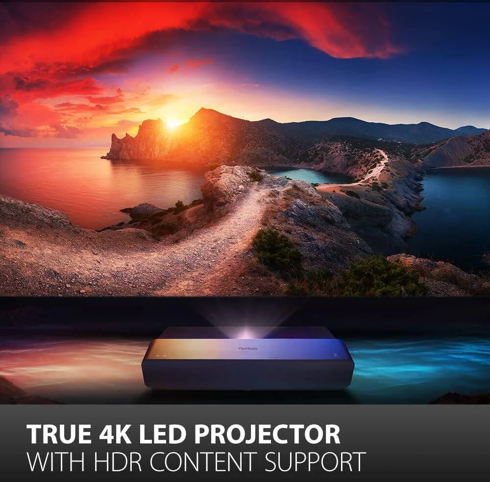 پروژکتور هوشمند فوق العاده کوتاه برد ویوسونیک X1000-4K+ HDR، پخش هوشمند، صفحه نمایش 100 اینچی از فاصله 38 سانتی متری، ساندبار 40 واتی Harman Kardon، فناوری LED، طول عمر 30000 ساعت | X1000-4K+