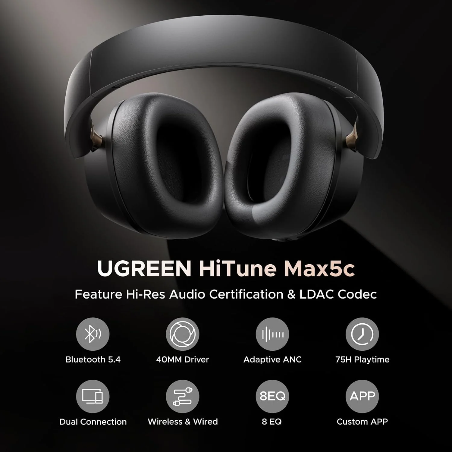هدفون بیسیم UGREEN HiTune Max5C، هدست حذف نویز تطبیقی، صدای Hi-Res و LDAC، پخش 75 ساعته، هدفون روگوشی، بلوتوث 5.4، تناسب راحت، جمعشونده، EQ سفارشی - مشکی هدفون بیسیم UGREEN HiTune Max5C، هدست حذف نویز تطبیقی، صدای Hi-Res و LDAC، پخش 75 ساعته، هدفون روگوشی، بلوتوث 5.4، تناسب راحت، جمعشونده، EQ سفارشی - مشکی
