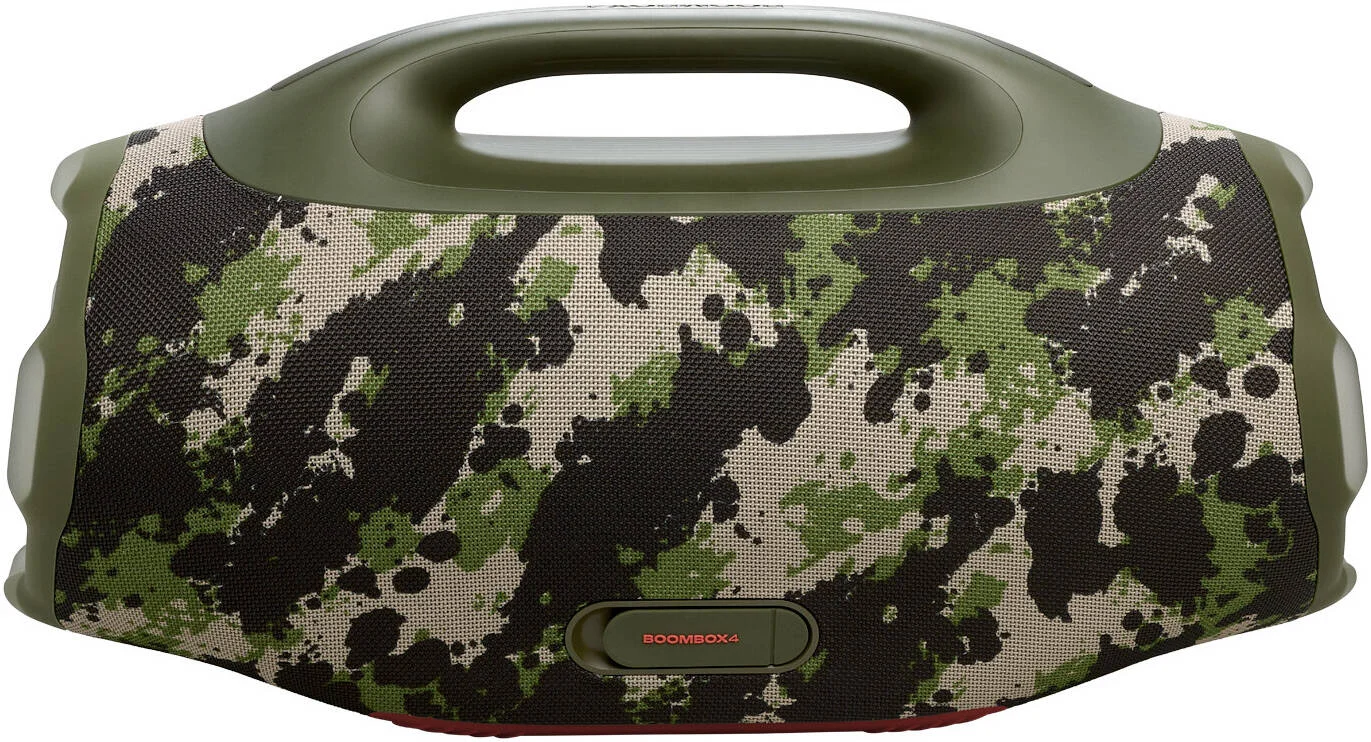 اسپیکر بلوتوثی قابل حمل جی‌بی‌ال Boombox 4، توان ووفر 2x 65W RMS، پاسخ فرکانسی 37Hz - 20kHz، دو تنظیمات تقویت بیس، تا 28 ساعت زمان پخش، مقاوم در برابر آب و گرد و غبار IP68، Squad | BMBX-4