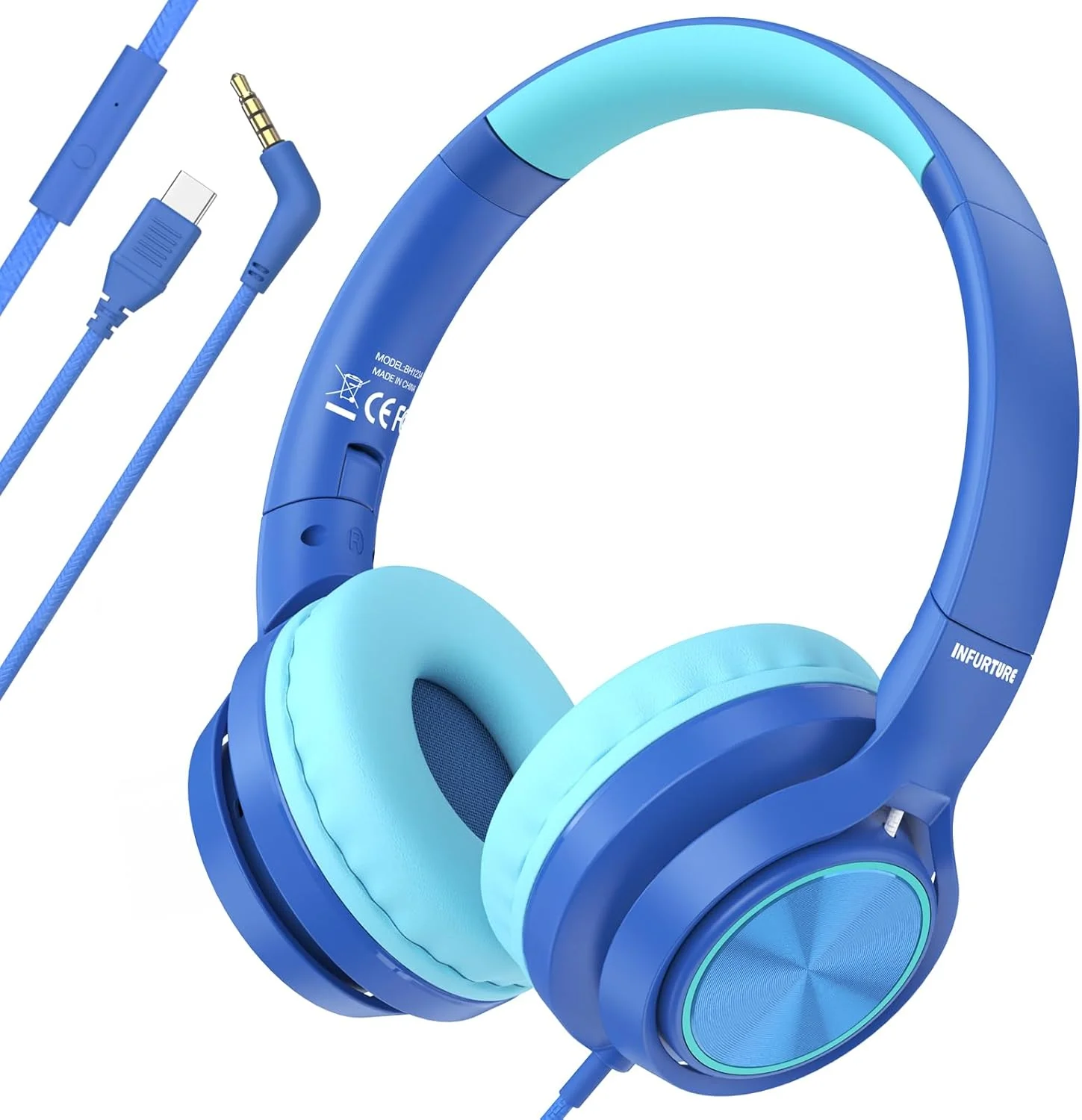 هدفون کودکانه INFURTURE CH5 USB C/3.5mm با میکروفون برای پسران و دختران، کنترل خطی، محدودیت صدا 94dB، هدفون رو گوشی/سیمی برای مدرسه، مسافرت، برای تلفن های همراه، تبلت ها، کامپیوتر، کیندل (آبی)