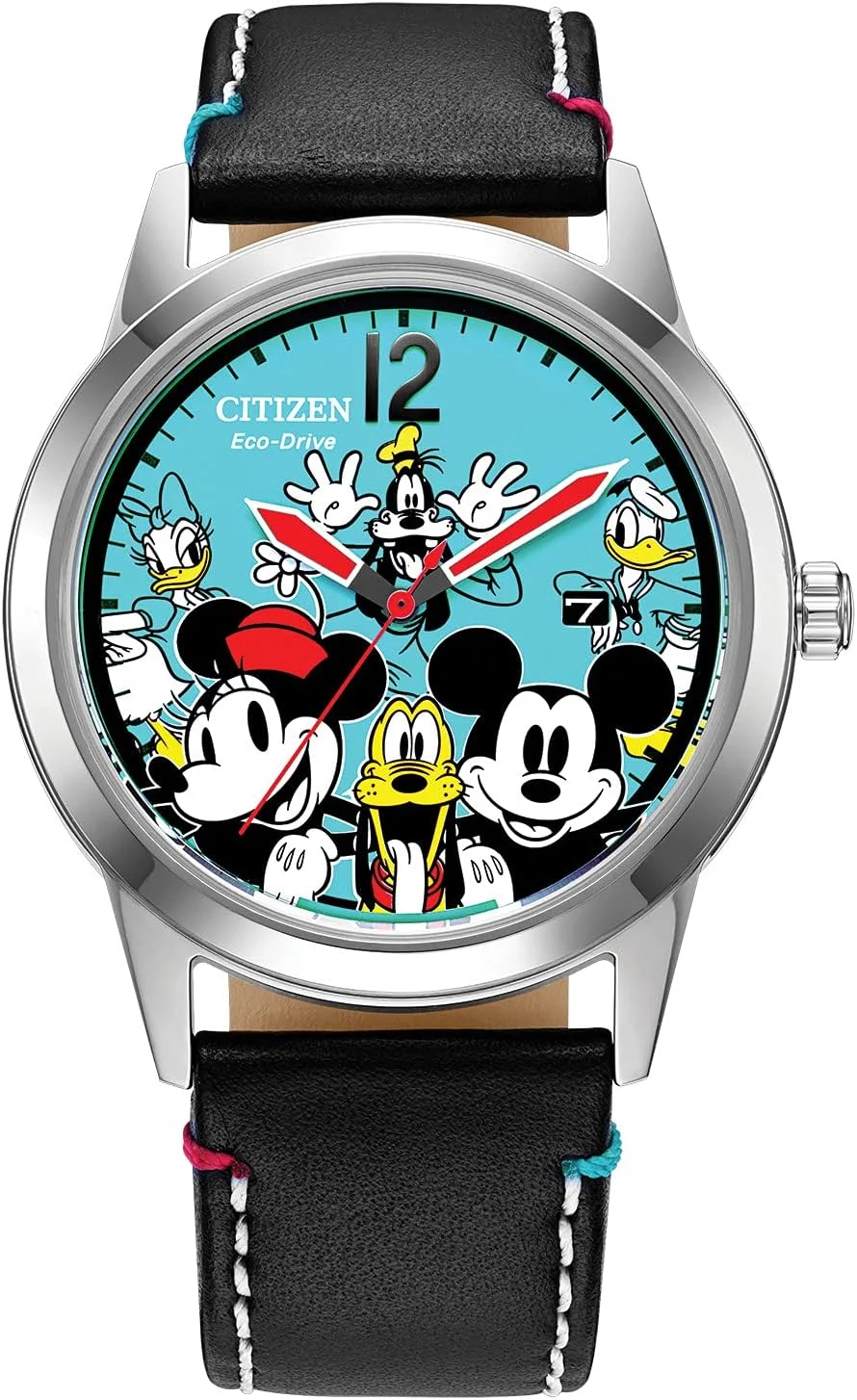 ساعت مچی استیل Citizen Disney Sensational Six با بند چرمی، مشکی، 21 (مدل: AW1235-06W)، نقره ای، تک سایز، میکی/دوستان AW1235-06W