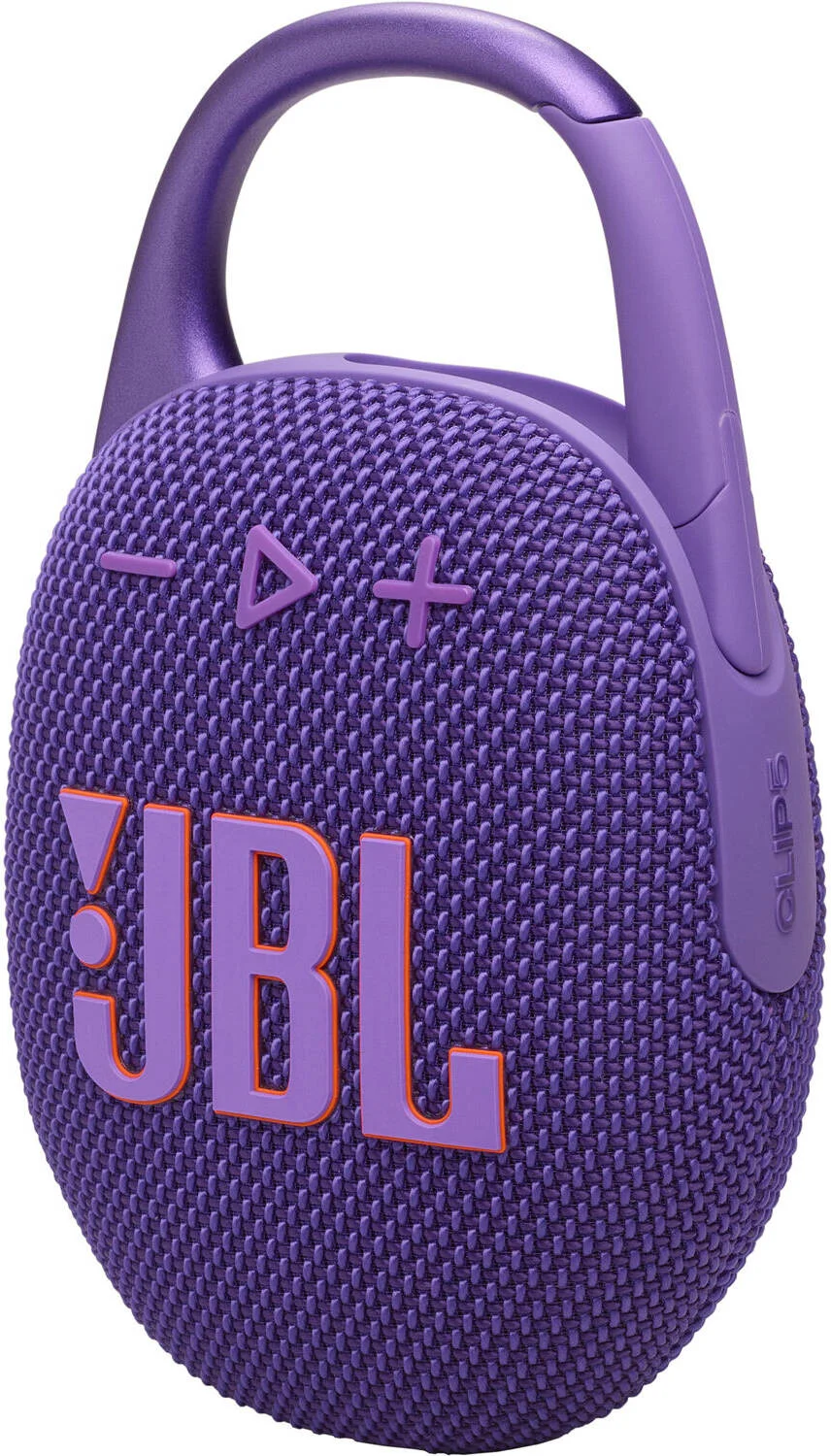 اسپیکر بی سیم قابل حمل ضد آب JBL Clip 5، صدای JBL Pro، تا 12 ساعت پخش، درایور 1.75 اینچی با رادیاتور پسیو، گیره/دسته کارابین پهن، JBL Auracast، دارای استاندارد IP67، بنفش | JBLCLIP5PUR