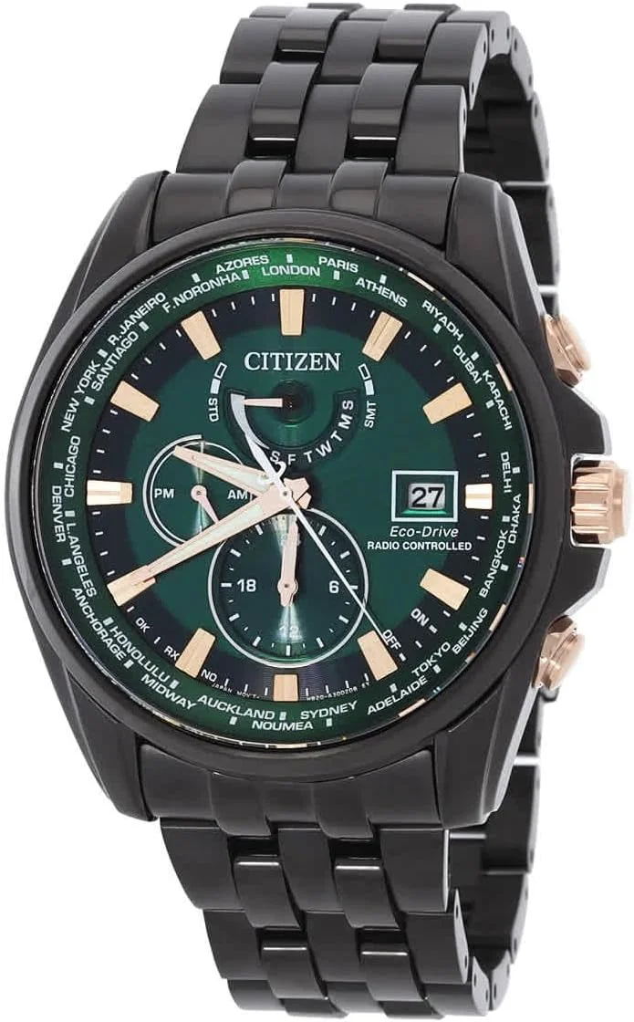 ساعت مردانه سیتیزن اکو-درایو GMT با صفحه سبز و زمان جهانی مدل AT9128-87X
