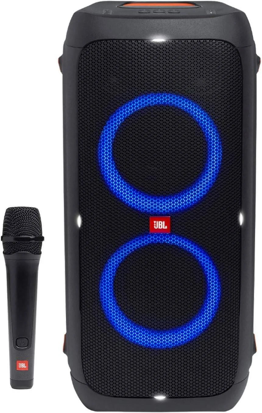 سیستم صوتی بلوتوث بی سیم قابل حمل JBL PartyBox 310 با توان بالا، همراه با میکروفون سیمی داینامیک JBL PMB100 و کابل - مشکی