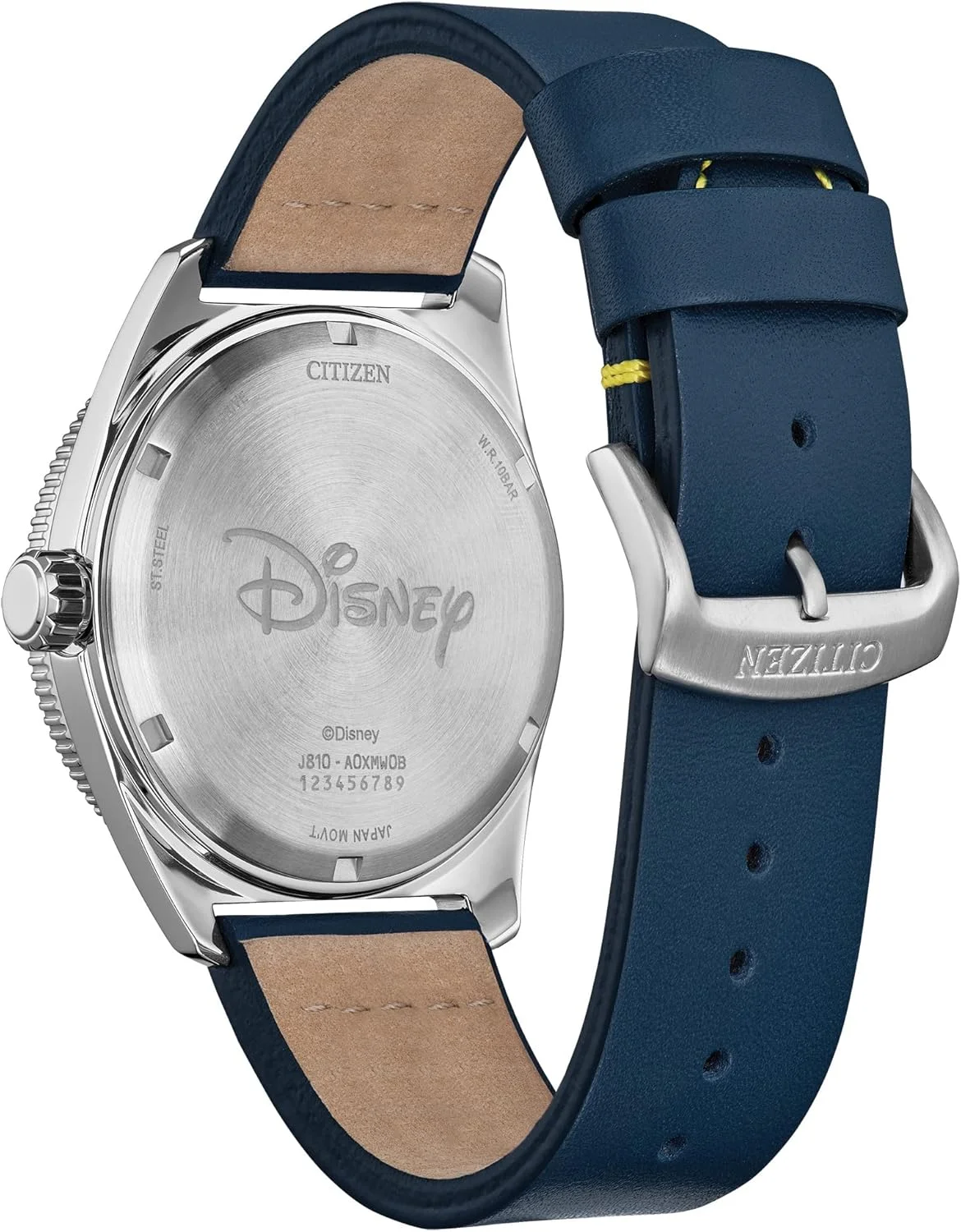ساعت مچی مردانه سیتیزن اکو-درایو دیزنی طرح دانلد داک، استیل ضد زنگ با بند چرمی آبی، سه عقربه تاریخ دار، شب نما، 42 میلی متر (مدل: AW1790-05W)، نقره ای-آبی، مدرن