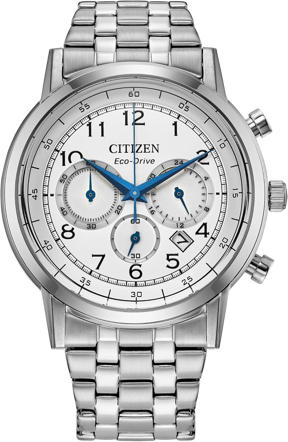 ساعت مچی کلاسیک مردانه سیتیزن اکو-درایو، بند استیل ضد زنگ نقره ای، صفحه سفید، کرنوگراف (مدل: CA4630-53A)