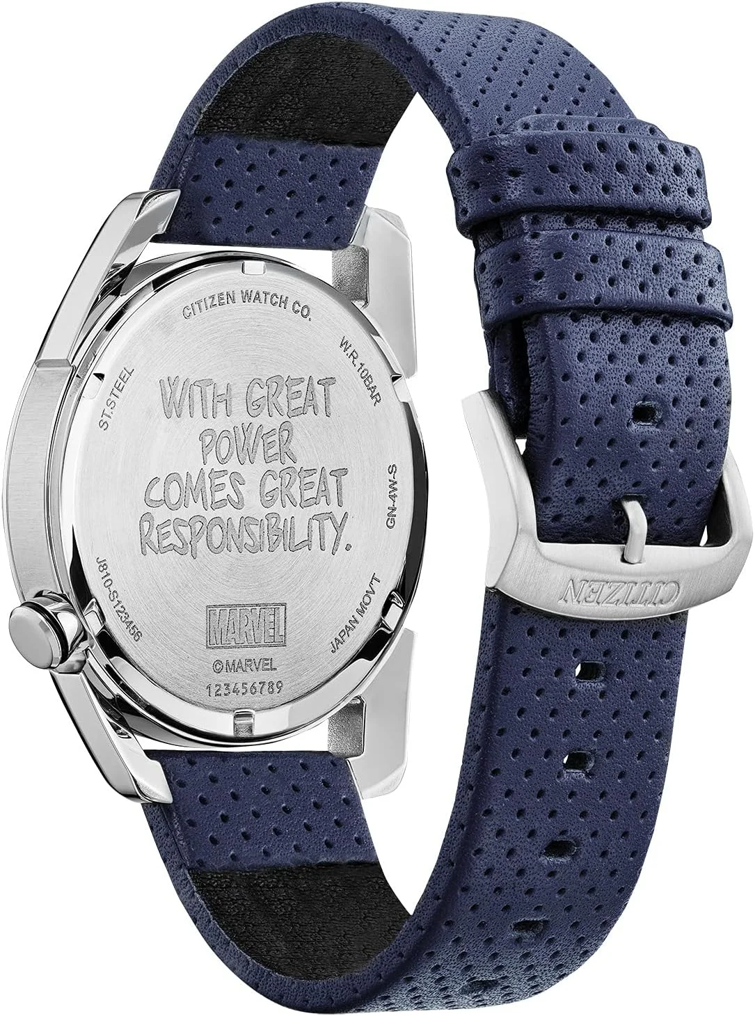 ساعت مردانه سیتیزن اکو-درایو مارول مرد عنکبوتی با بدنه استیل ضد زنگ و بند پلی یورتان آبی، صفحه آبی با طرح مرد عنکبوتی، سه عقربه و نمایشگر تاریخ، 42 میلی‌متر (مدل: AW1680-03W)