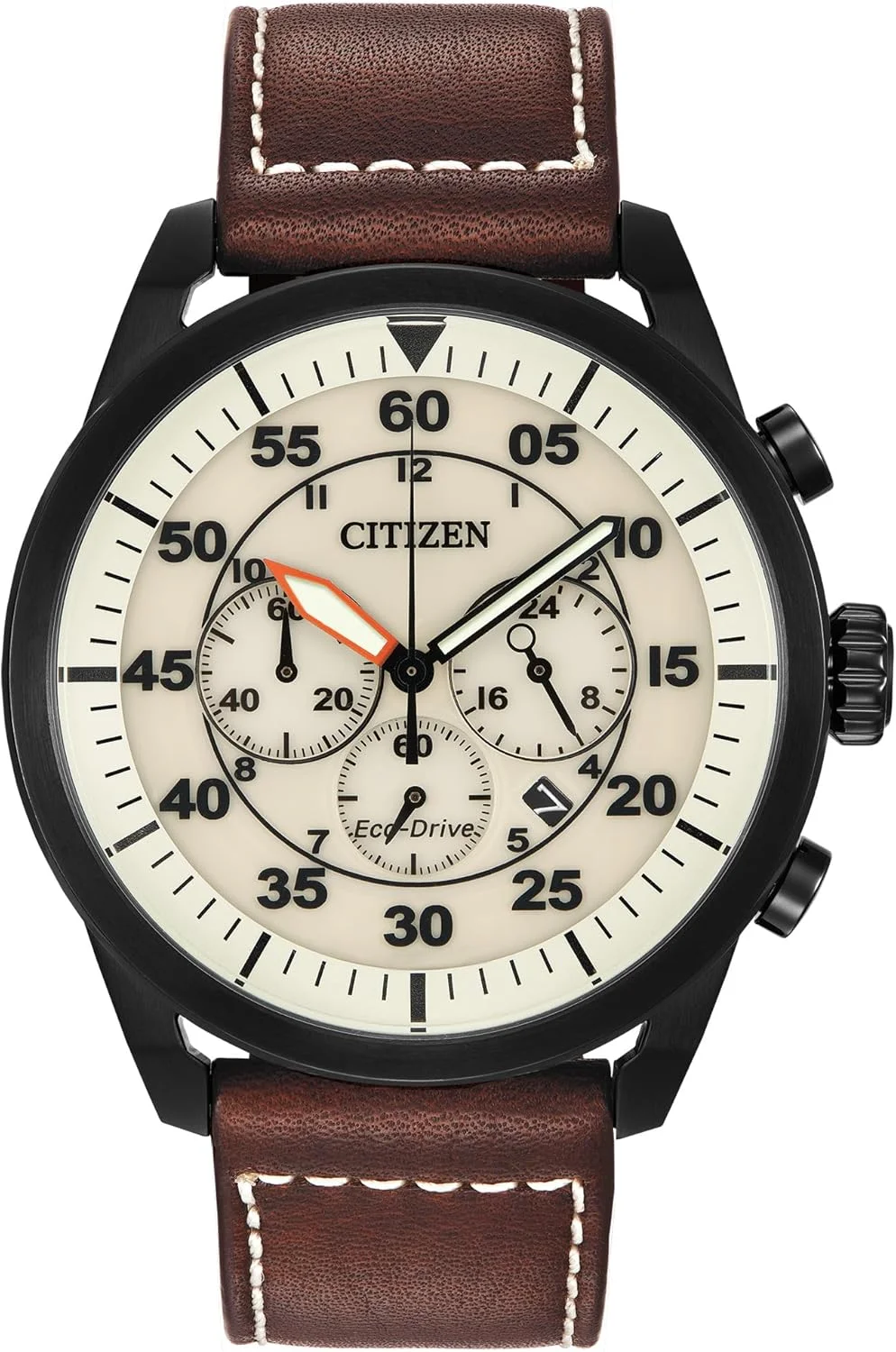 ساعت مچی مردانه سیتیزن اکو-درایو اسپرت کژوال، بند چرمی قهوه‌ای، صفحه بژ، کرنوگراف، نمایشگر تاریخ (مدل: CA4215-04W)
