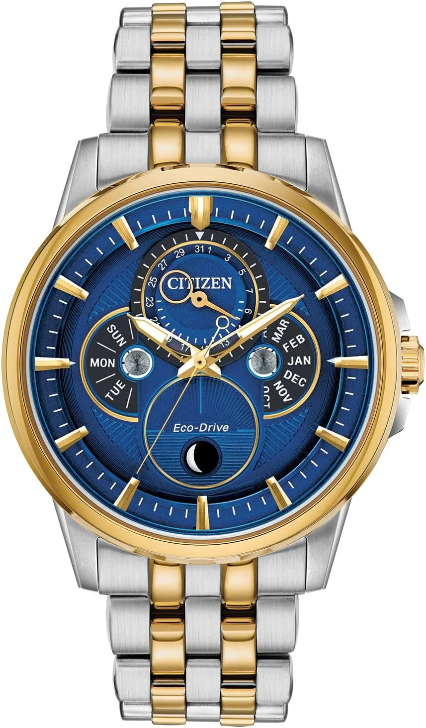 ساعت مردانه سیتیزن Calendrier Eco-Drive، استیل ضد زنگ، دستبند دو رنگ، صفحه آبی