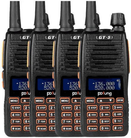 رادیو دو بانده 5 واتی BAOFENG GT-5، فرکانس VHF 144-148MHz و UHF 420-450MHz، 128 کانال، مانیتور کانال، ذخیره باتری، هشدار کمبود باتری، تنظیم ROGER، هشدار اضطراری، بسته 4 عددی، مشکی | GT-54