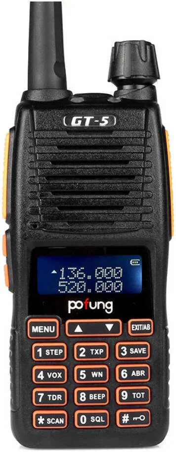 رادیو دو بانده 5 واتی BAOFENG GT-5، فرکانس VHF 144-148MHz و UHF 420-450MHz، 128 کانال، مانیتور کانال، ذخیره باتری، هشدار کمبود باتری، تنظیم ROGER، هشدار اضطراری، بسته 4 عددی، مشکی | GT-54