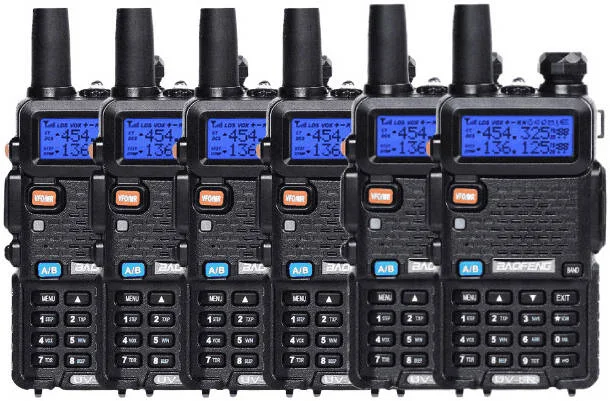 رادیو دو طرفه آنالوگ دو بانده BAOFENG UV-5R 5W، محدوده فرکانس UHF/VHF، تُن برست 1750 هرتز، چراغ قوه LED، هشدار اضطراری، تنظیم راجر، تایمر تایم اوت، باتری 1800 میلی آمپر ساعتی، بسته 6 عددی، مشکی | UV-5R6