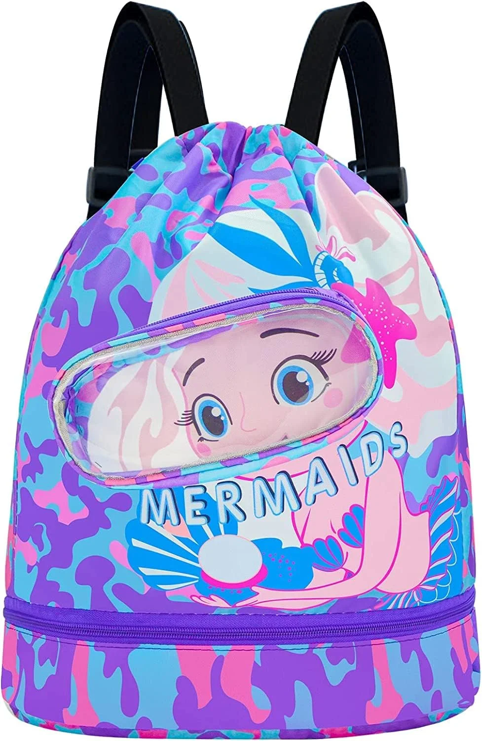 کیف بند دار آنجو، کوله پشتی ضد آب شنا، کیف شنا برای شناگران، کیف ساحلی بچه گانه، کیف بند دار، کوله پشتی ورزشی زیبا با طرح کارتونی پری دریایی دخترانه با قسمت جداگانه خشک و مرطوب