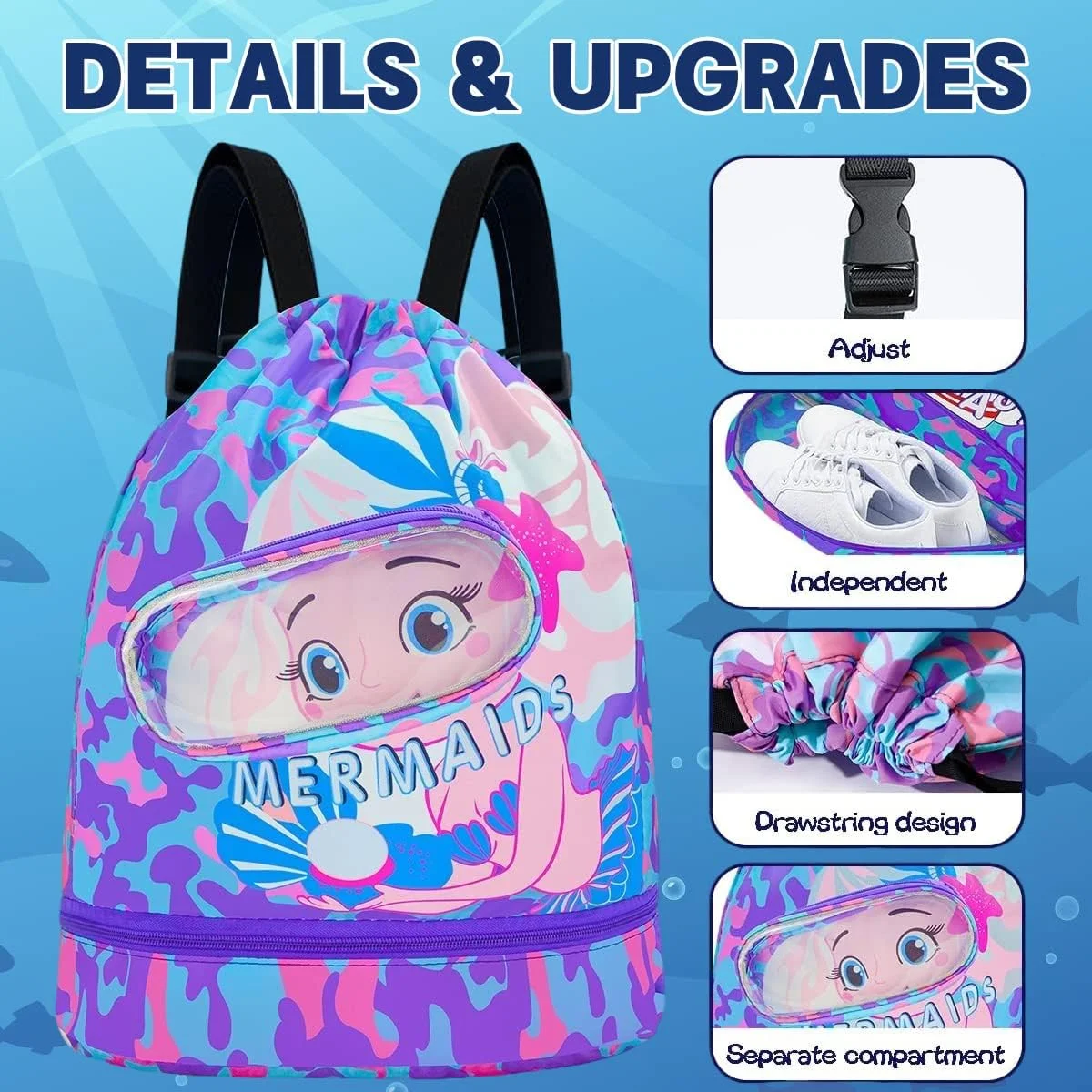 کیف بند دار آنجو، کوله پشتی ضد آب شنا، کیف شنا برای شناگران، کیف ساحلی بچه گانه، کیف بند دار، کوله پشتی ورزشی زیبا با طرح کارتونی پری دریایی دخترانه با قسمت جداگانه خشک و مرطوب