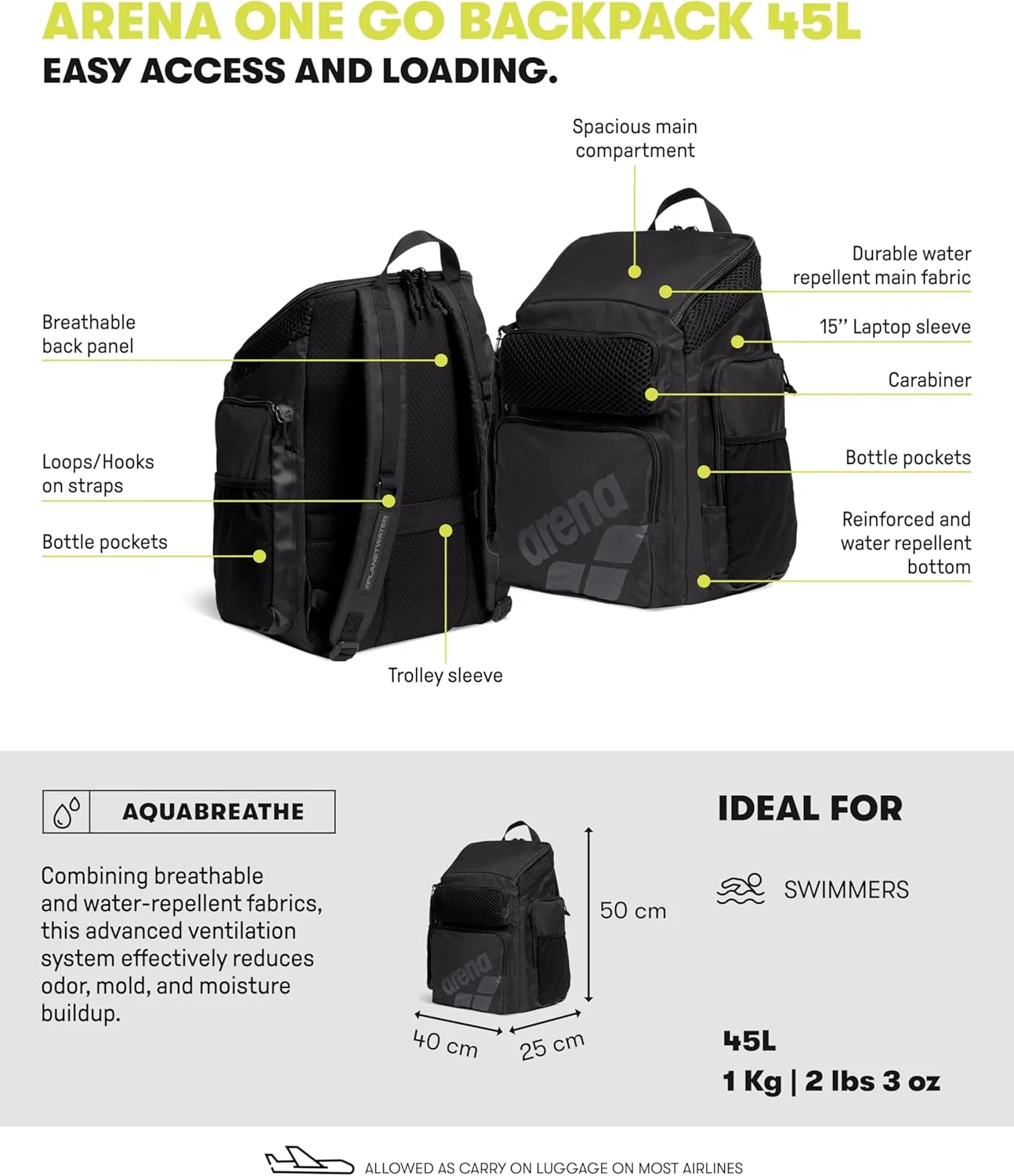 کوله پشتی بزرگ آرنا مدل One Go مناسب ورزشکاران و شناگران، کوله پشتی چند منظوره برای باشگاه و تمرین، کیف شنا برای آقایان و بانوان، 45 لیتر، طرح پوست ماری سبز