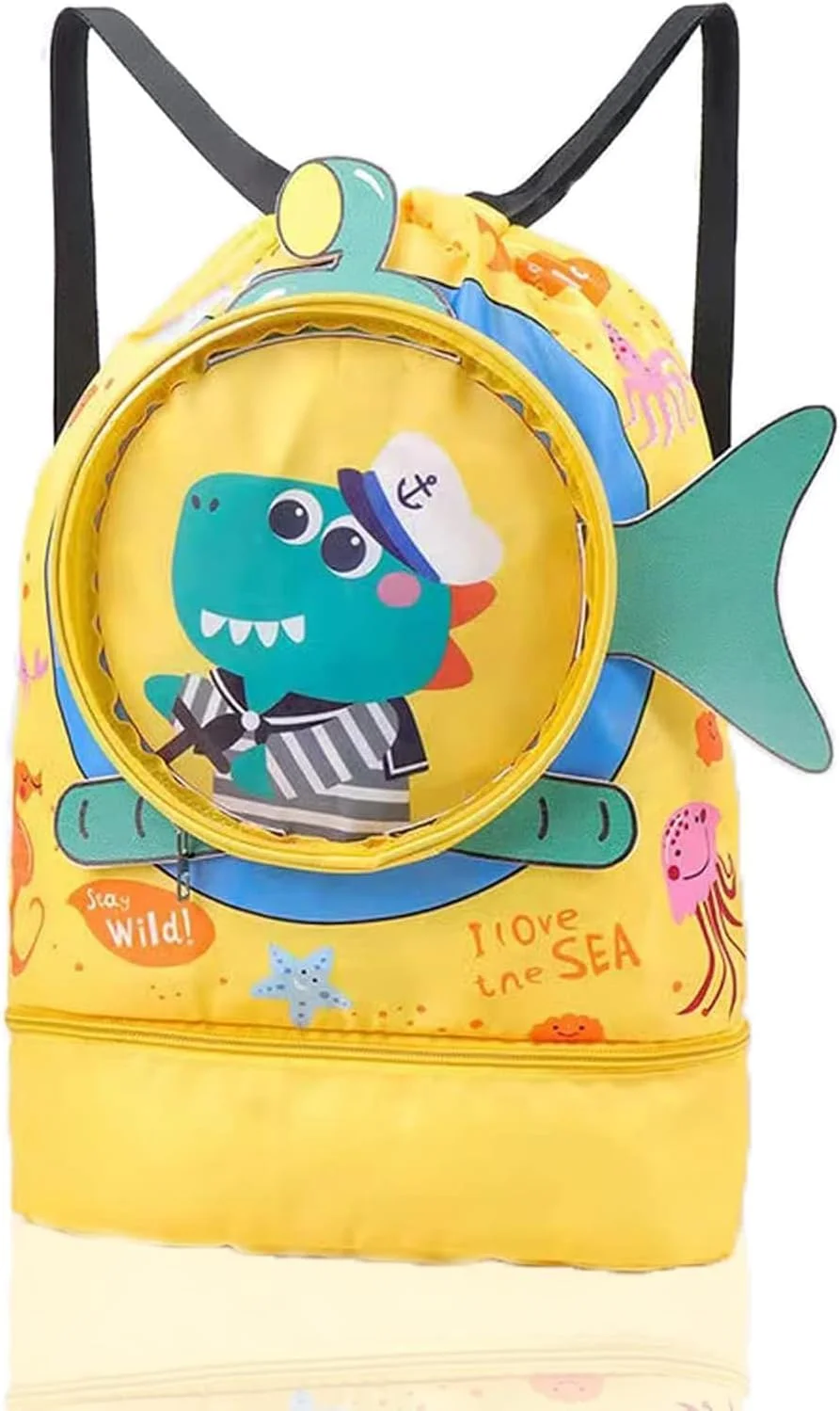 کیف شنا کودکانه، کیف های شنا با قابلیت جداسازی خشک و تر، کیف بندکشی کوسه ای برای شنا، مناسب پسران و نوجوانان برای کمپینگ، پیاده روی و شنا، کوله پشتی ضد آب ساحلی با محفظه کفش