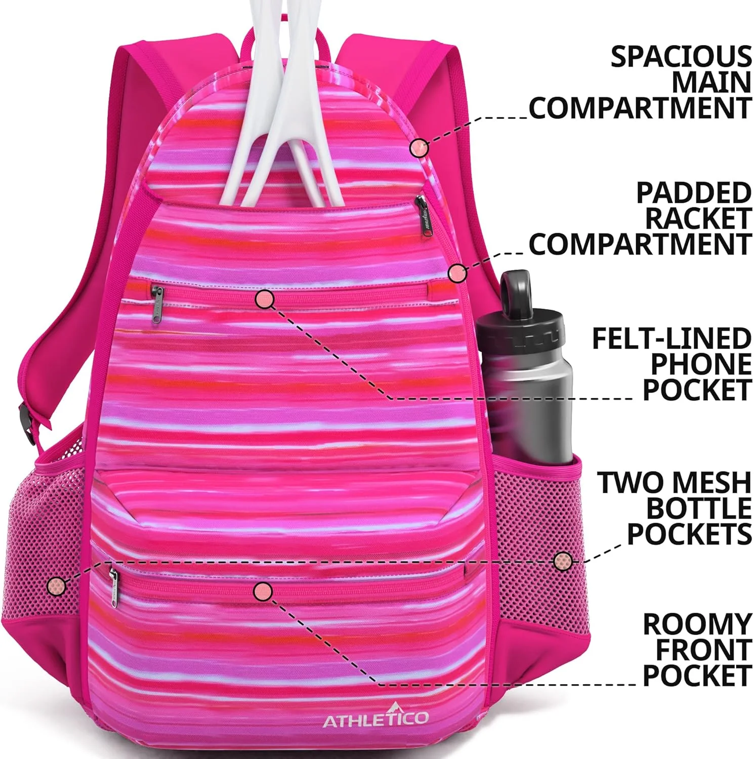 کیف تنیس Athletico City - کوله پشتی تنیس برای آقایان و بانوان، گنجایش 2 راکت تنیس و کفش - کیف های تنیس با نگهدارنده راکت برای تنیس، پیکل بال، اسکواش و بدمینتون - کیف های تنیس برای بانوان (صورتی)