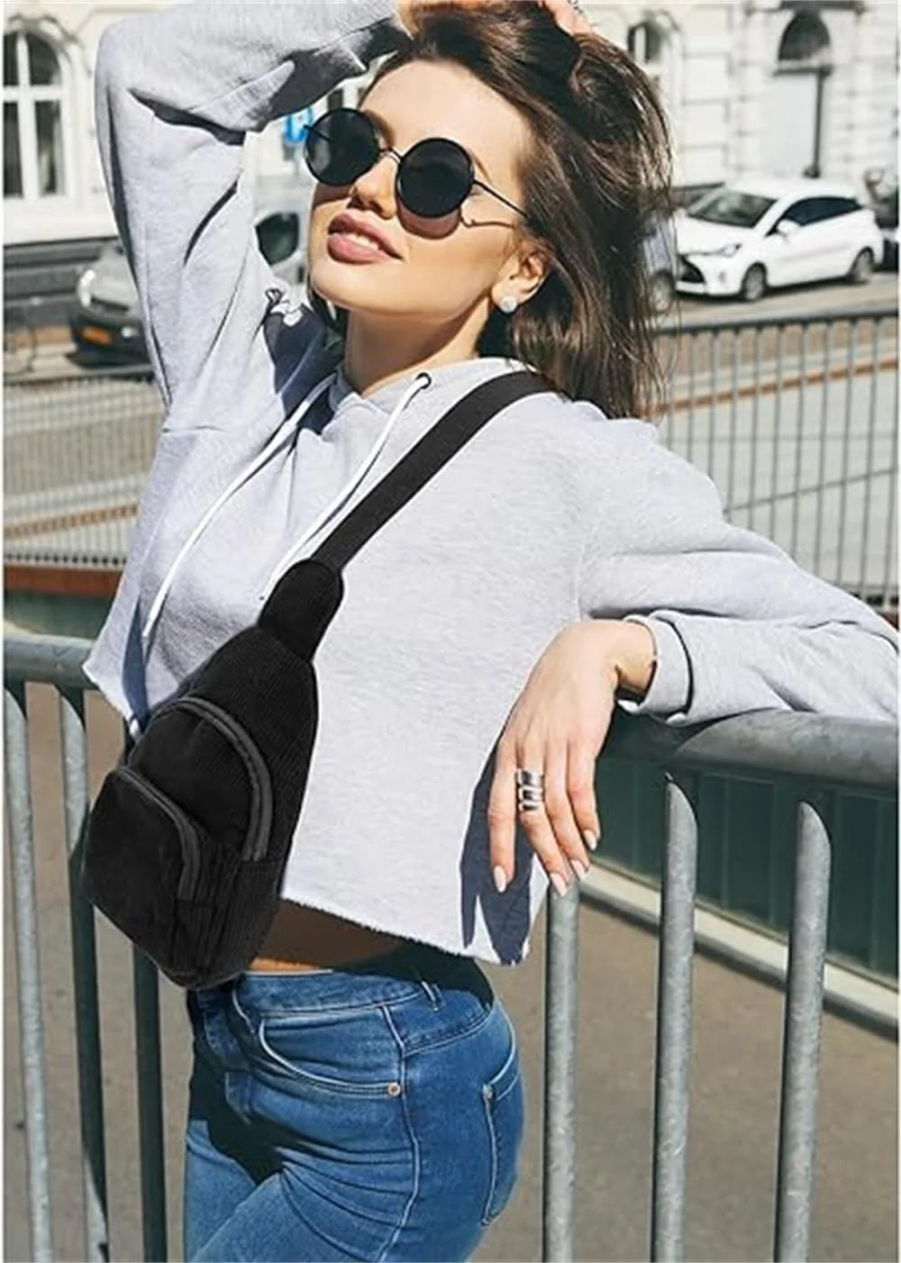 کیف دوشی مخمل کبریتی آزونه با بند شانه قابل تنظیم، کیف کمری کوچک زنانه/مردانه، کیف کوله پشتی دوشی، مشکی، 1 عدد