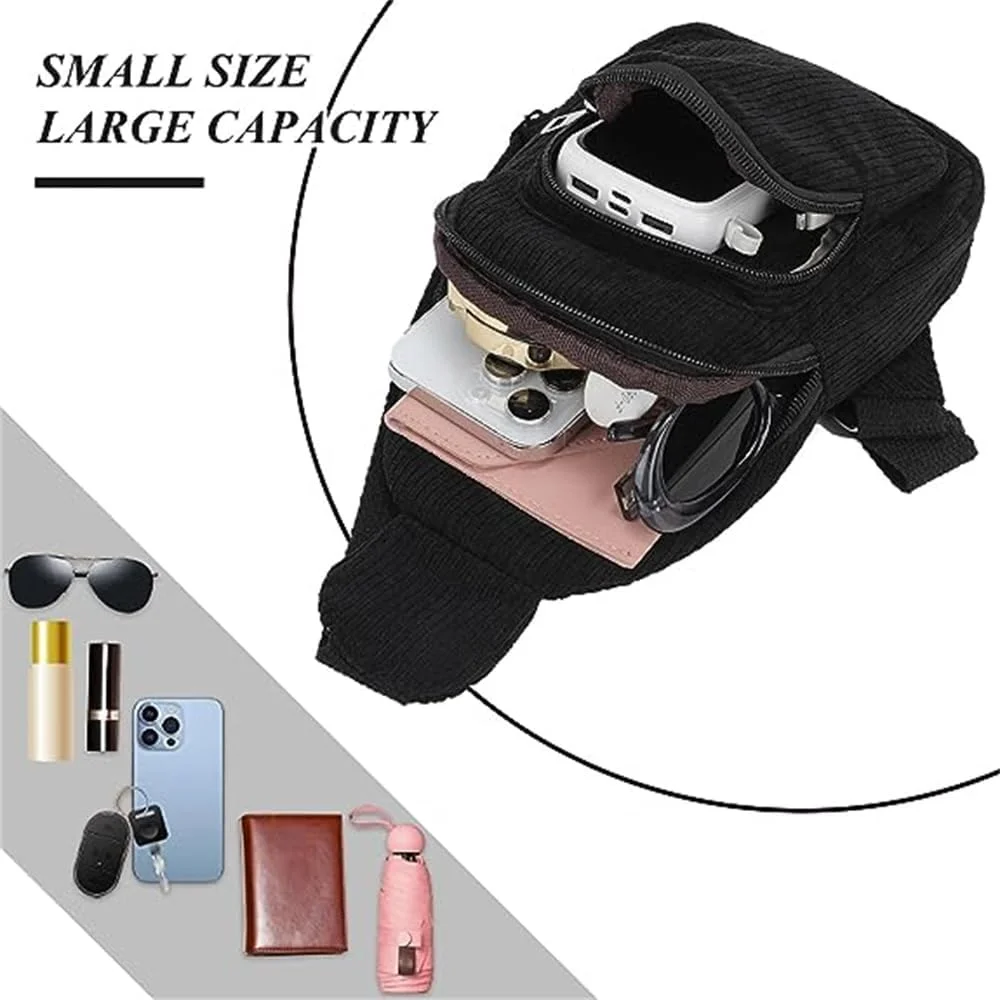 کیف دوشی مخمل کبریتی آزونه با بند شانه قابل تنظیم، کیف کمری کوچک زنانه/مردانه، کیف کوله پشتی دوشی، مشکی، 1 عدد