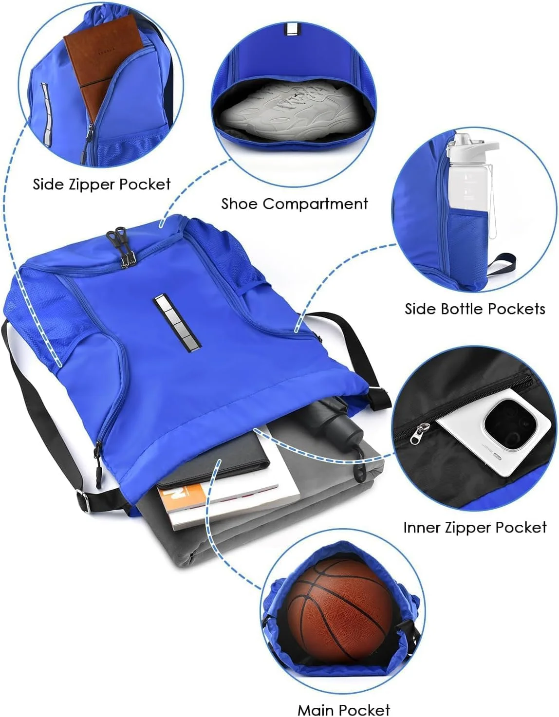 کوله پشتی بند دار بسکتبال، کیف توپ فوتبال با محفظه توپ و کیف کفش جداگانه، کیف ورزشی ساحلی یوگا باشگاه با جیب های توری جانبی، کیف ورزشی ضد آب برای زنان و مردان، آبی