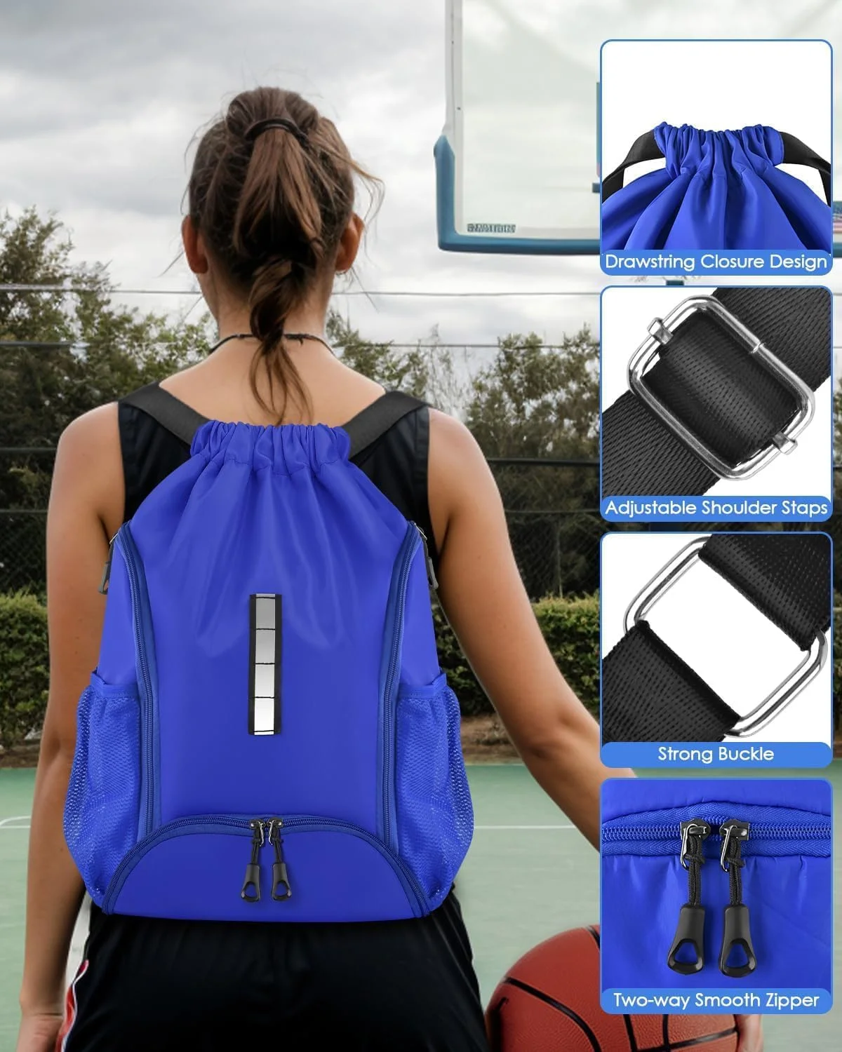 کوله پشتی بند دار بسکتبال، کیف توپ فوتبال با محفظه توپ و کیف کفش جداگانه، کیف ورزشی ساحلی یوگا باشگاه با جیب های توری جانبی، کیف ورزشی ضد آب برای زنان و مردان، آبی