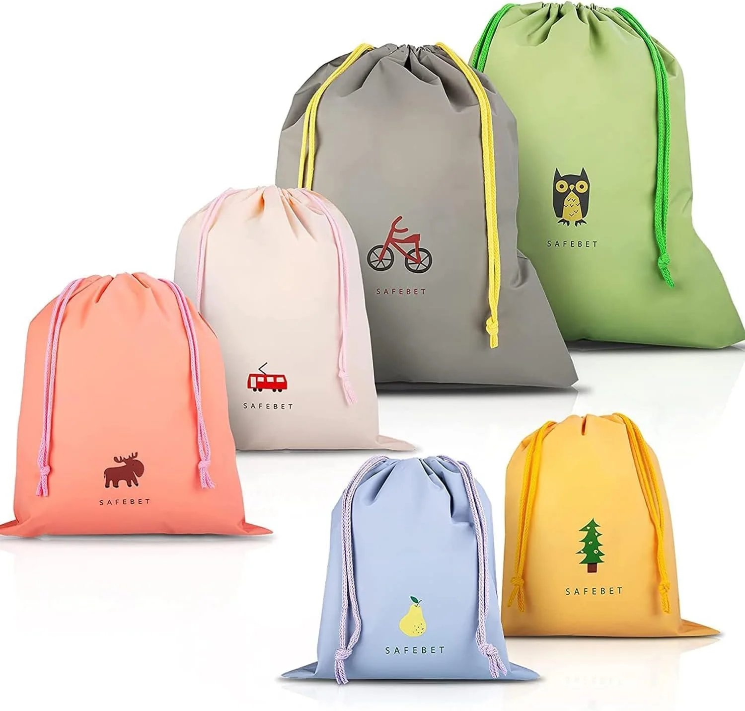 کیف های بند دار ضد آب، بسته 6 عددی کیف ورزشی از جنس پلی اتیلن در اندازه های کوچک، متوسط و بزرگ با بند برای ورزش، شنا، مسافرت، نگهداری کفش، 6 طرح و 3 سایز مختلف