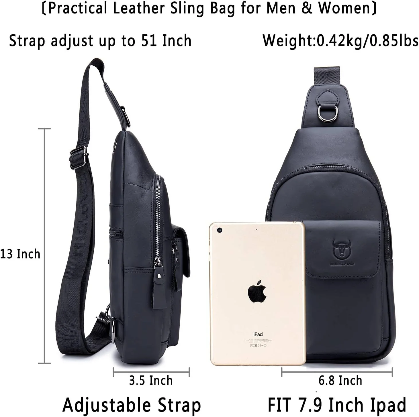 کیف دوشی چرمی مردانه BULLCAPTAIN، کیف یک‌طرفه، کوله پشتی روزمره، کیف سینه‌ای برای مسافرت، پیاده‌روی