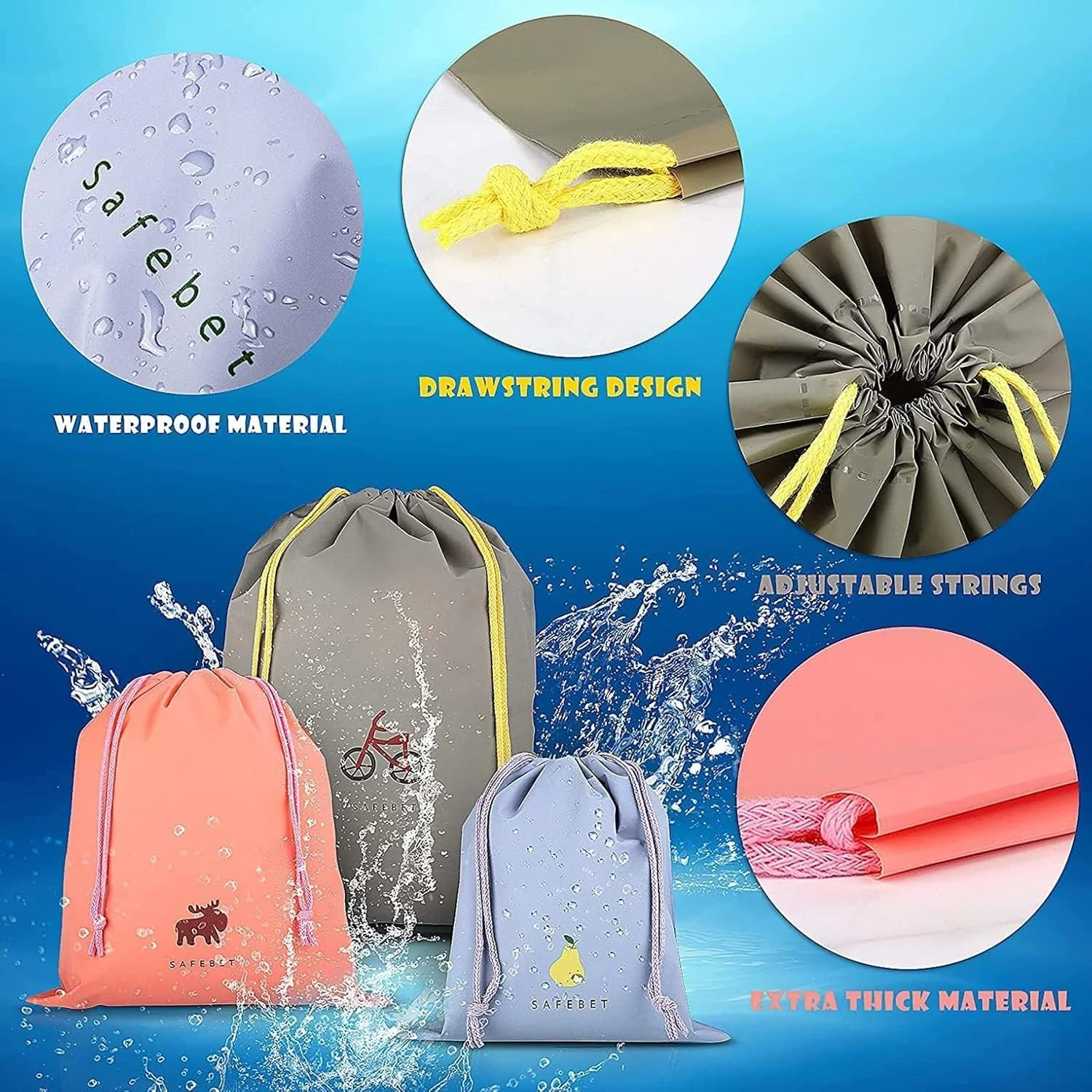 کیف های بند دار ضد آب، بسته 6 عددی کیف ورزشی از جنس پلی اتیلن در اندازه های کوچک، متوسط و بزرگ با بند برای ورزش، شنا، مسافرت، نگهداری کفش، 6 طرح و 3 سایز مختلف کیف های بند دار ضد آب، بسته 6 عددی کیف ورزشی از جنس پلی اتیلن در اندازه های کوچک، متوسط و بزرگ با بند برای ورزش، شنا، مسافرت، نگهداری کفش، 6 طرح و 3 سایز مختلف