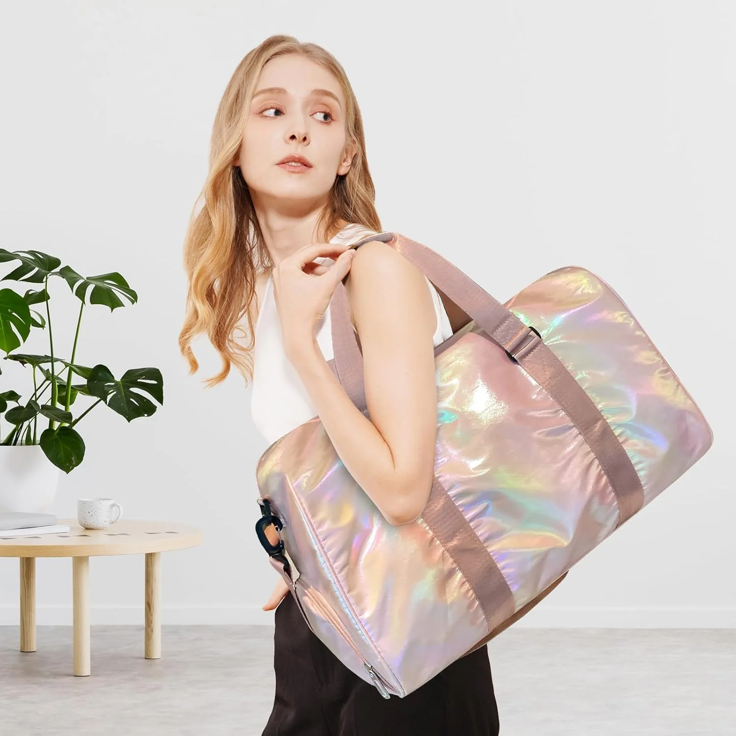 کیف ورزشی زنانه با محفظه کفش، کیف دافل ورزشی دخترانه، طراحی تاشو ضد آب، کیف دستی آخر هفته مسافرتی برای زنان، مناسب برای مسافرت، یوگا، تناسب اندام، کمپینگ (صورتی)