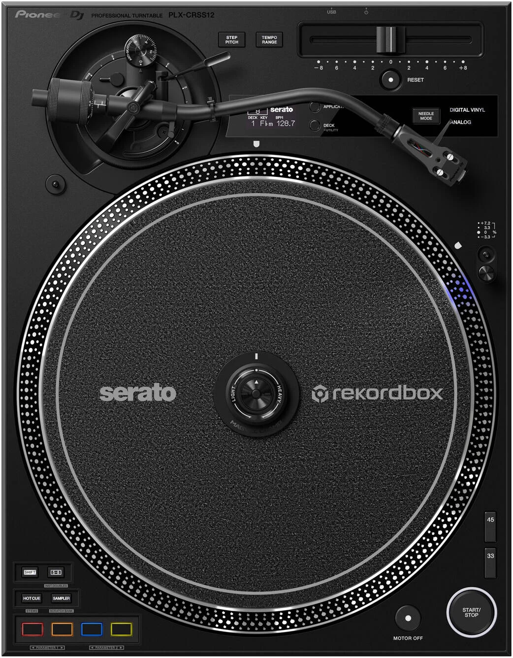 صفحه گردان دایرکت درایو پایونیر DJ مدل PLX-CRSS12 با کنترل DVS، دارای 4 پد اجرایی MIDI قابل تنظیم، بازوی صدا با روکش لاستیکی، شاسی دایکاست روی، سیستم موتور دایرکت درایو با گشتاور بالا، مشکی | PLX-CRSS12