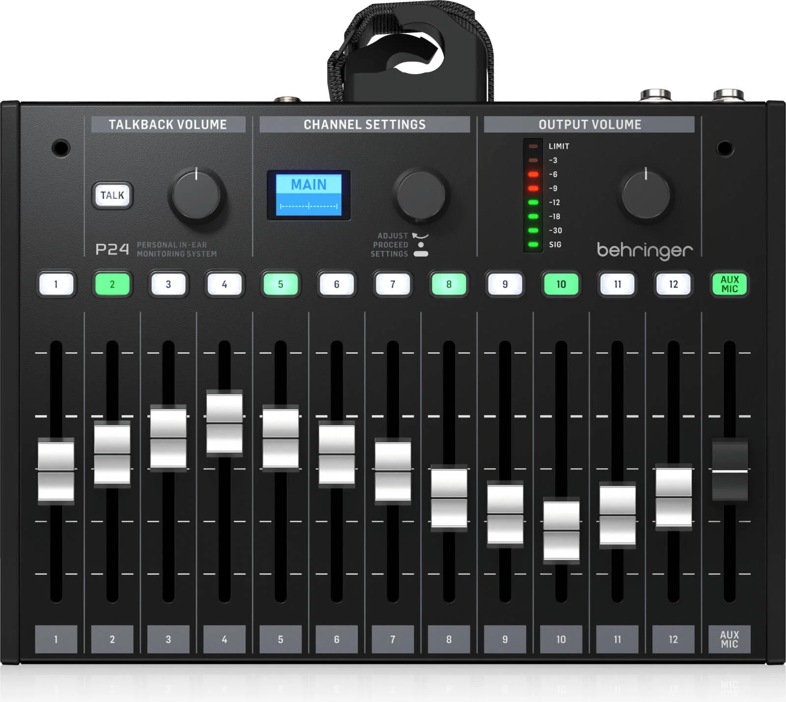 میکسر مانیتور شخصی Behringer P24 StageConnect با 13 کانال استریو و فیدرهای 60 میلی‌متری، میکروفون‌های استریو داخلی، Tilt-EQ در تمام کانال‌ها و خروجی اصلی، مشکی | P24