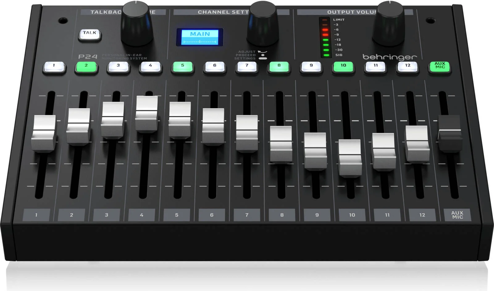 میکسر مانیتور شخصی Behringer P24 StageConnect با 13 کانال استریو و فیدرهای 60 میلیمتری، میکروفونهای استریو داخلی، Tilt-EQ در تمام کانالها و خروجی اصلی، مشکی | P24 میکسر مانیتور شخصی Behringer P24 StageConnect با 13 کانال استریو و فیدرهای 60 میلیمتری، میکروفونهای استریو داخلی، Tilt-EQ در تمام کانالها و خروجی اصلی، مشکی | P24