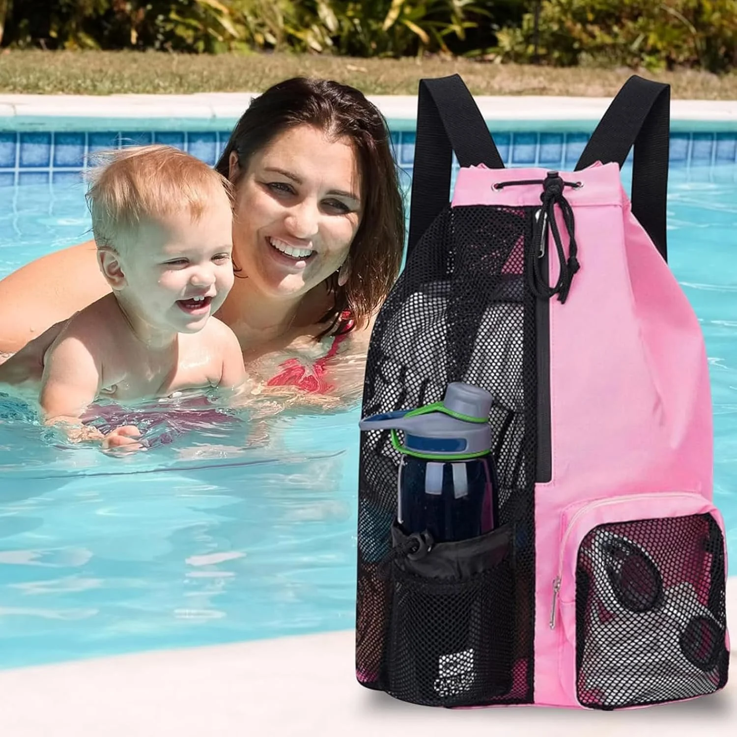 کیف توری شنا، کوله پشتی بند دار با جیب خیس برای شنا، باشگاه و وسایل ورزشی