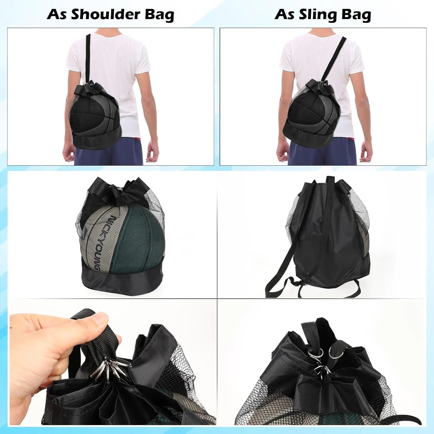 کوله پشتی بند دار، کیف ورزشی توری بادوام унисекс با بند شانه قابل تنظیم و سگک برای بسکتبال، فوتبال، والیبال، کیف باشگاه آکسفورد قابل حمل، مشکی، 25x30 سانتی متر