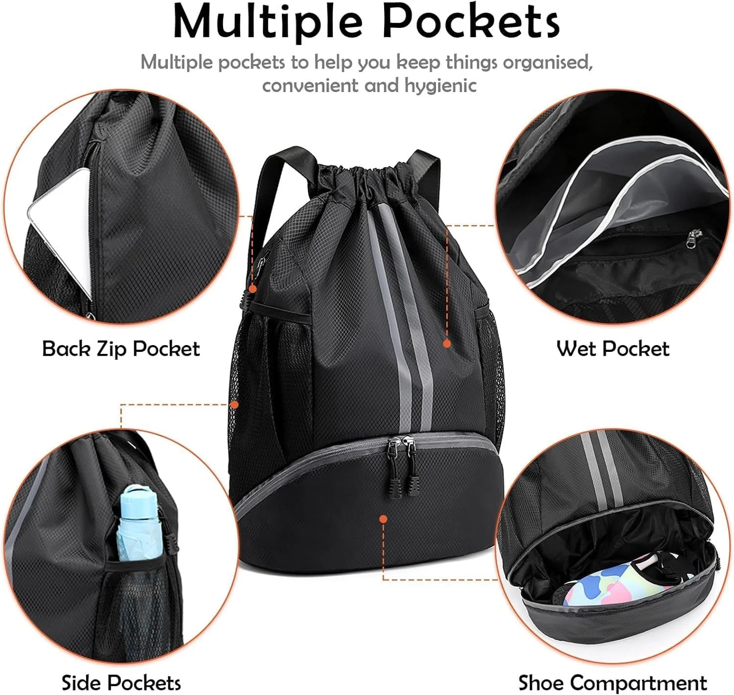 کوله پشتی بند دار اسپرت ضد آب، کیف ورزشی آکسفورد بزرگ، کوله پشتی دانشجویی، کیف بادوام توپ ورزشی با محفظه کفش، مناسب برای بسکتبال، فوتبال، تعطیلات و مدرسه، مشکی