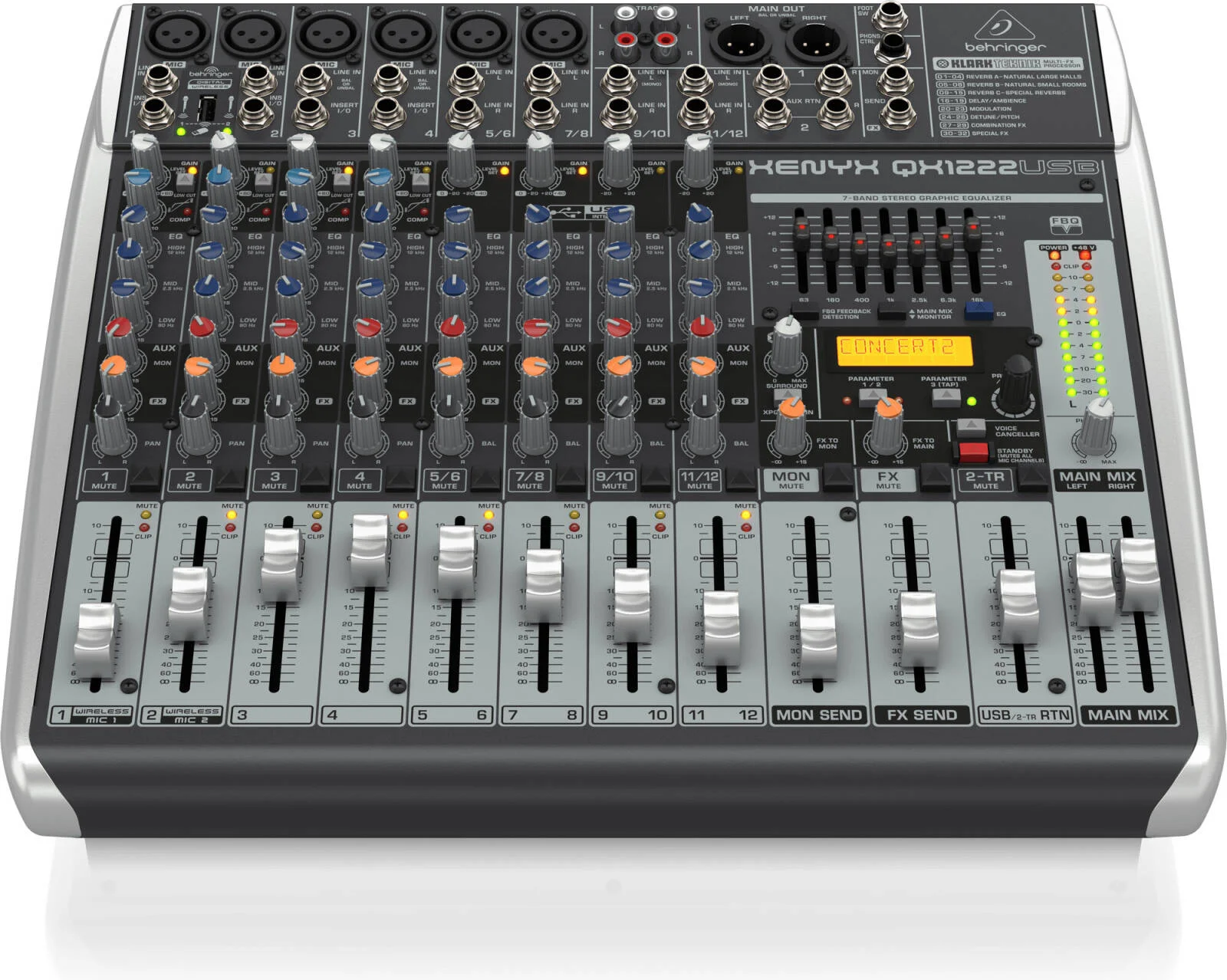 میکسر پریمیوم 16 ورودی 2/2 باس Behringer XENYX QX1222USB با پری امپ میکروفون XENYX و کمپرسورها، پردازنده Multi-FX Klark Teknik، گزینه Wireless و رابط USB/Audio | QX1222USB میکسر پریمیوم 16 ورودی 2/2 باس Behringer XENYX QX1222USB با پری امپ میکروفون XENYX و کمپرسورها، پردازنده Multi-FX Klark Teknik، گزینه Wireless و رابط USB/Audio | QX1222USB