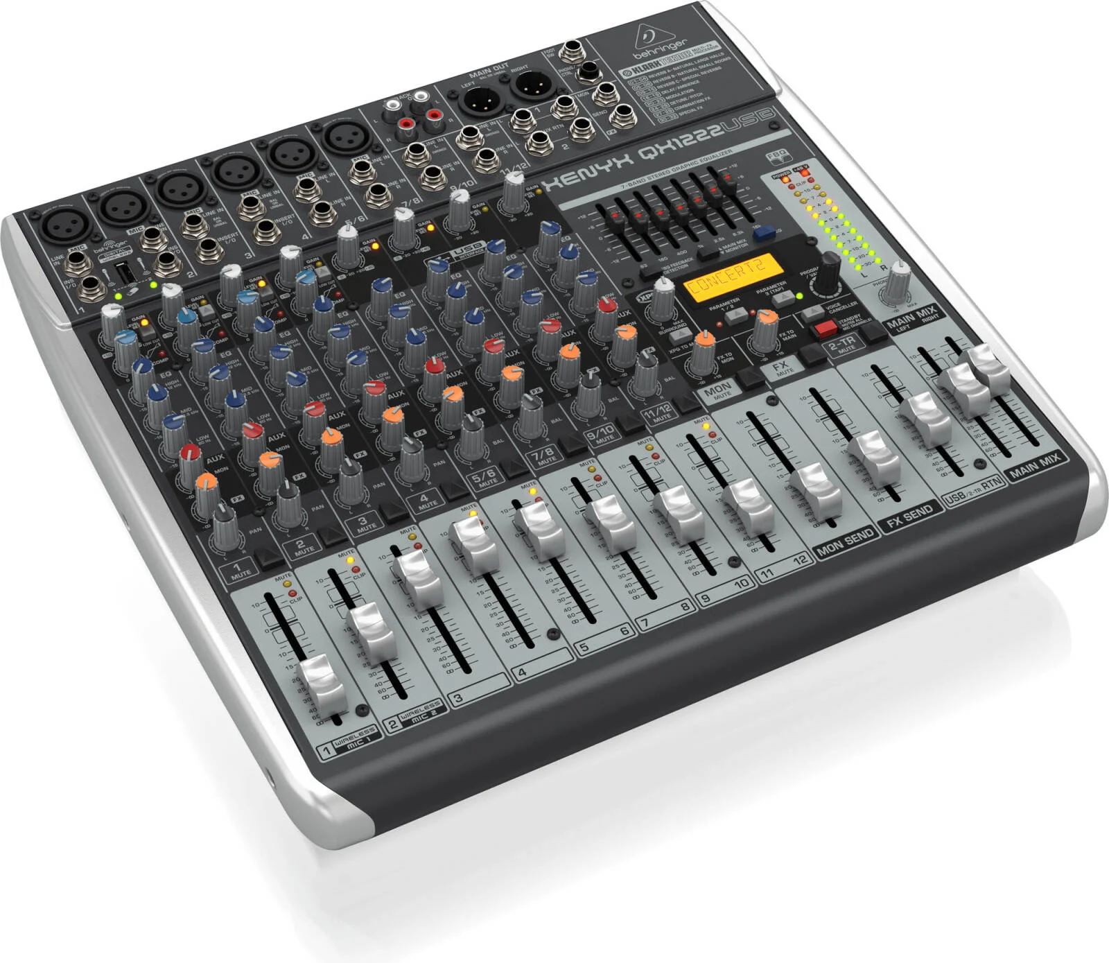 میکسر پریمیوم 16 ورودی 2/2 باس Behringer XENYX QX1222USB با پری امپ میکروفون XENYX و کمپرسورها، پردازنده Multi-FX Klark Teknik، گزینه Wireless و رابط USB/Audio | QX1222USB میکسر پریمیوم 16 ورودی 2/2 باس Behringer XENYX QX1222USB با پری امپ میکروفون XENYX و کمپرسورها، پردازنده Multi-FX Klark Teknik، گزینه Wireless و رابط USB/Audio | QX1222USB