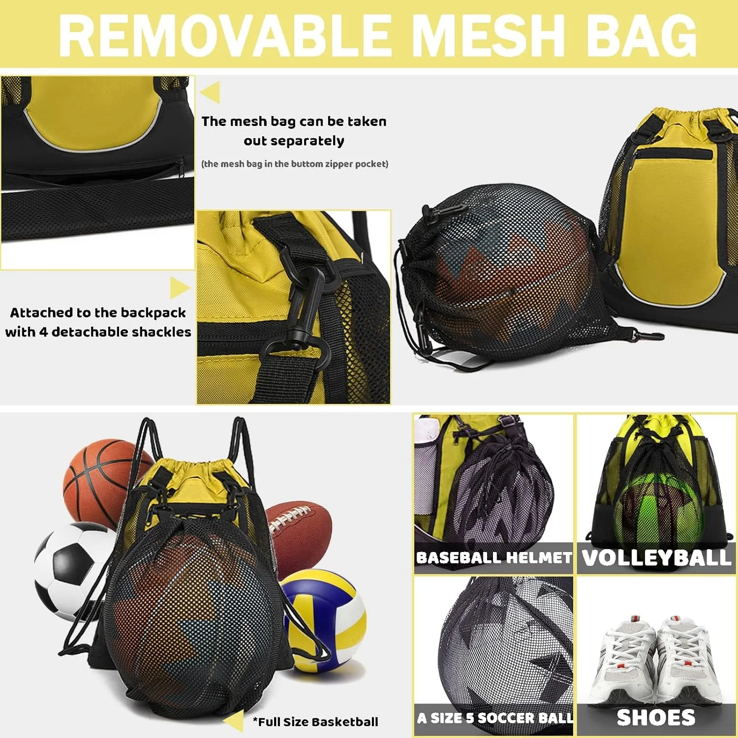 کوله پشتی بند دار برای فوتبال، کوله پشتی ورزشی بند دار، کیف ورزشی تاشو ضد آب با کیف توری جداشدنی توپ برای والیبال بسکتبال فوتبال بیسبال