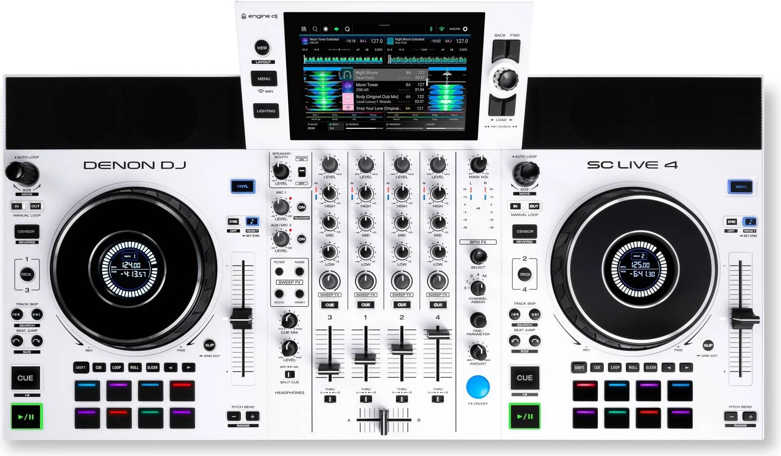 دنون DJ SC LIVE 4 کنترلر دی‌جی مستقل 4 کاناله با استریمینگ Wi-Fi، تاچ‌اسکرین 7 اینچی، اسپیکرهای داخلی، یکپارچگی Serato و Virtual DJ، سفید | SC LIVE 4