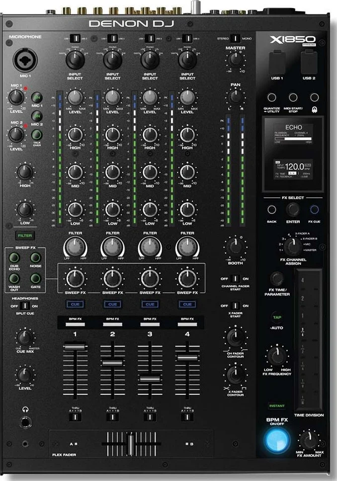 میکسر حرفه ای ۴ کانال Denon DJ X1850 Prime (USB ۲۴ بیت/۹۶ کیلوهرتز، USB دوگانه، هاب LAN، افکت BPM/Sweep، فیدر Flex)، مشکی | X1850