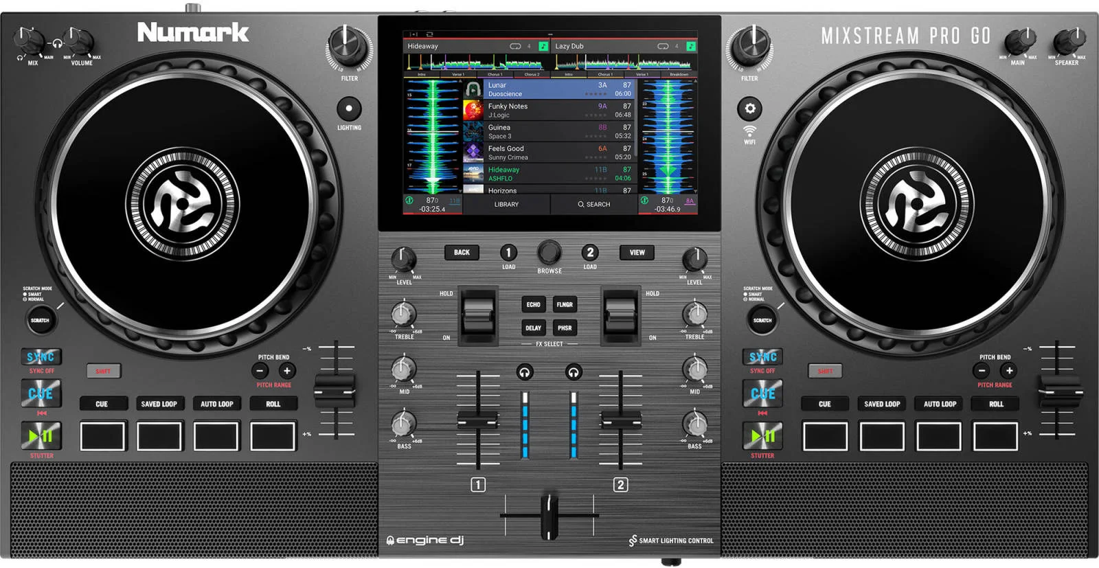 کنترلر دی‌جی دو دک مستقل قابل حمل با باتری Numark Mixstream Pro Go با صفحه لمسی 7 اینچی، استریم، بلندگوهای داخلی و سیستم عامل Engine DJ، مشکی | MIXSTREAMPROGOXUS