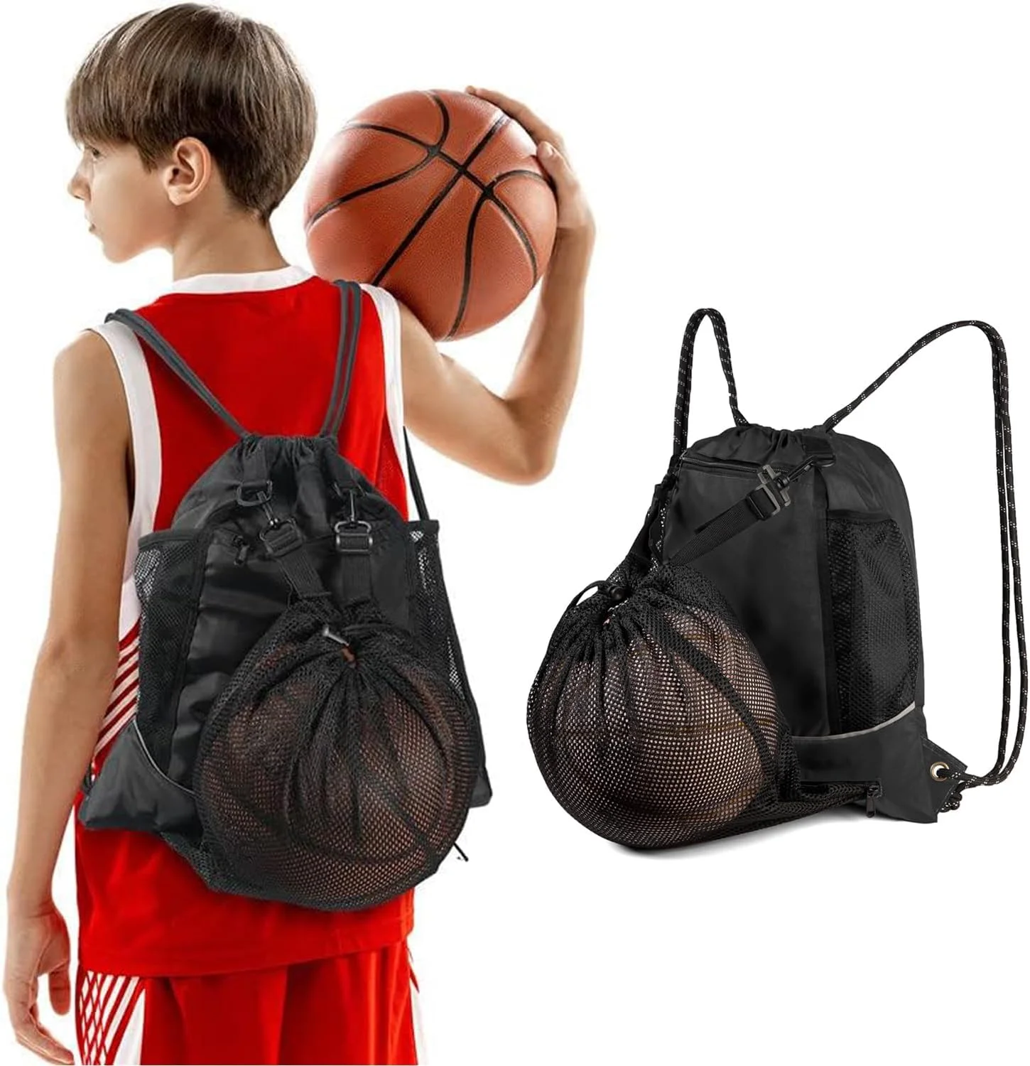 کیف کوله پشتی ورزشی بند دار مشکی ELECDON با محفظه توری مخفی توپ، کیف ورزشی بند دار با جا بطری و جیب زیپ دار، کیف تجهیزات تمرینی برای والیبال آقایان