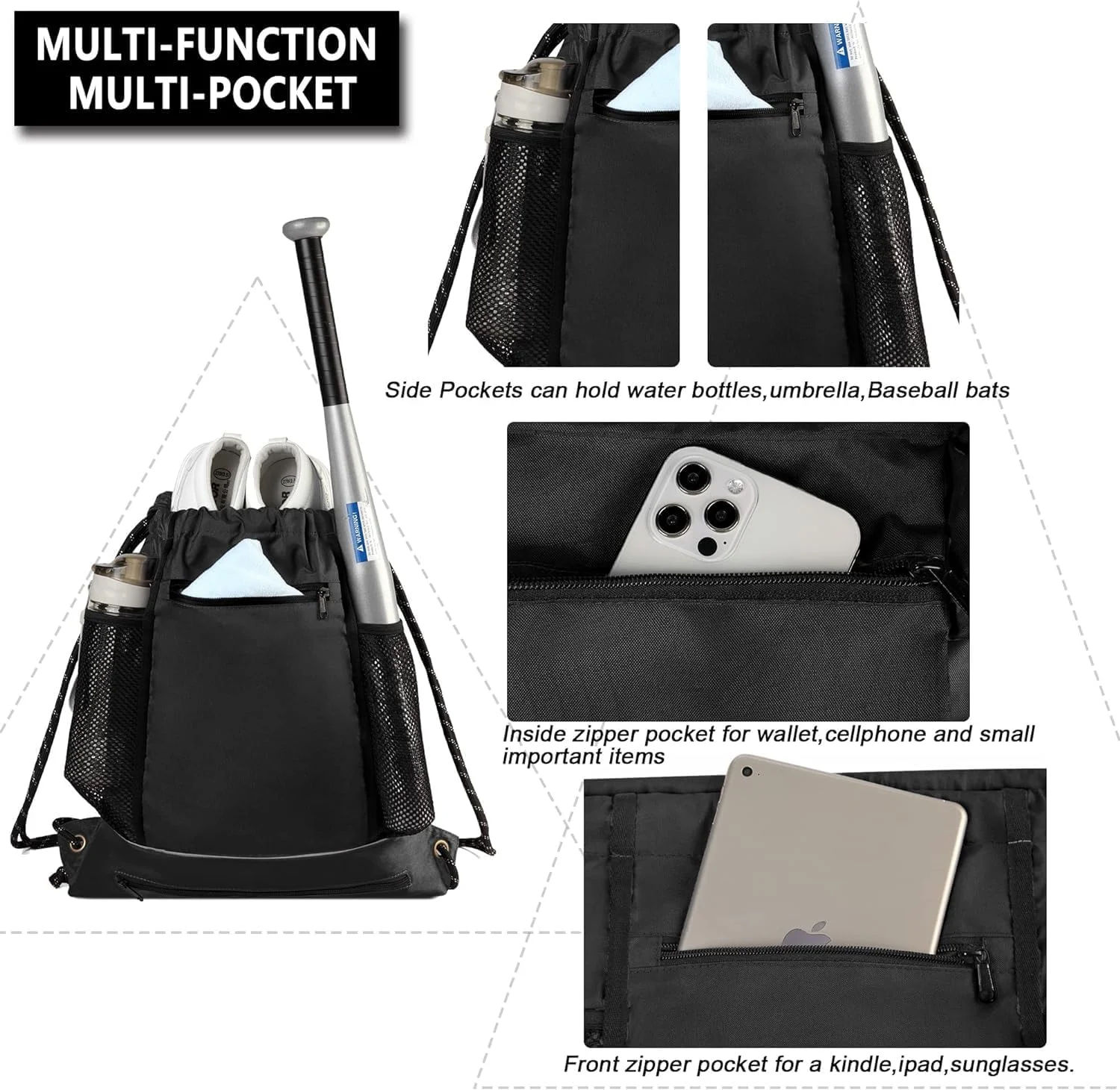 کیف کوله پشتی ورزشی بند دار مشکی ELECDON با محفظه توری مخفی توپ، کیف ورزشی بند دار با جا بطری و جیب زیپ دار، کیف تجهیزات تمرینی برای والیبال آقایان