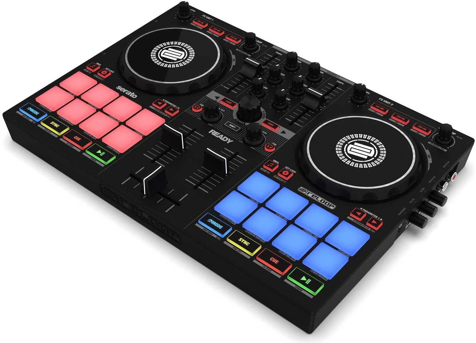 کنترلر عملکرد قابل حمل Reloop Ready برای Serato، چرخ‌های جاگ حساس به لمس، کنترل 2 دک با میکسر 2 کاناله، 8 پد RGB در هر دک، 9 حالت پد، خروجی هدفون RCA + با تغذیه USB، مشکی | READY