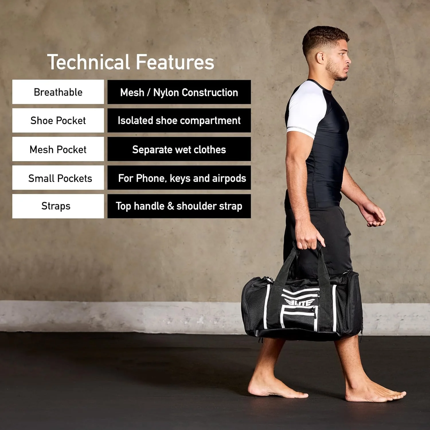 کیف ورزشی توری تهویه دار الیت اسپرتز، مشکی/سفید
